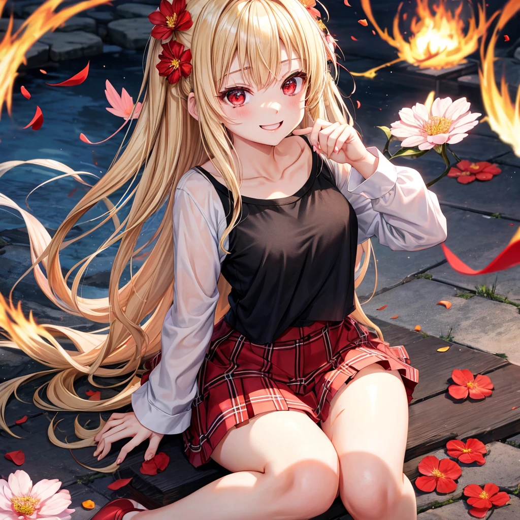 a blond、red eyes、1 pretty girl、animesque、lightly dressed、Plaid miniskirt、flower petals、bare-legged、wetting hair、Black T-shirt、sitting on、You、Smiling、Flame Magic