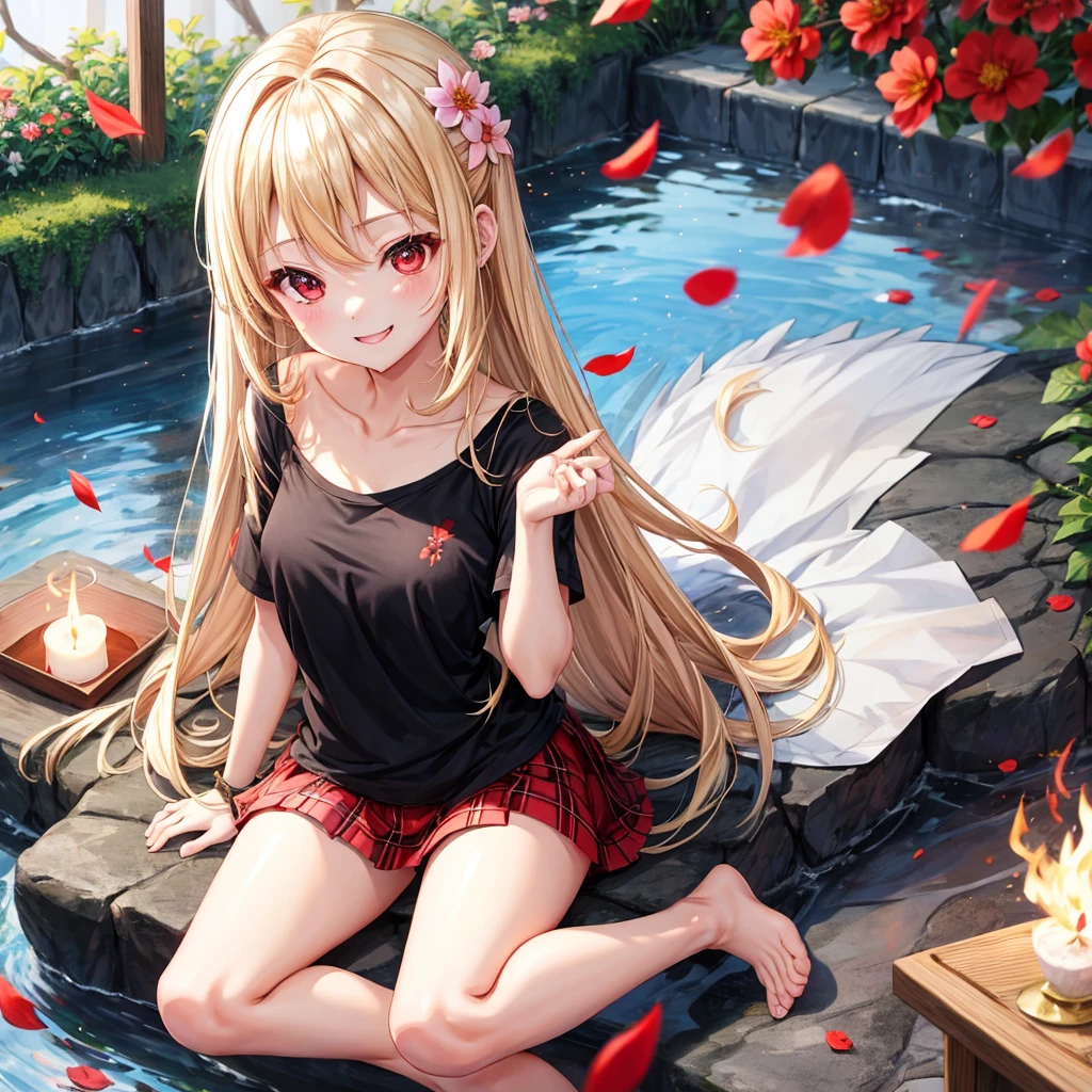 a blond、red eyes、1 pretty girl、animesque、lightly dressed、Plaid miniskirt、flower petals、bare-legged、wetting hair、Black T-shirt、sitting on、You、Smiling、fire flame