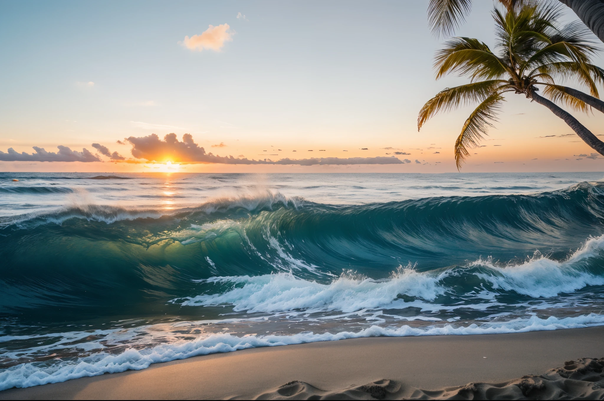 A Big curling wave breaking, (gold sand beach), wave, hawaii, Oahu, blue ocean, no people in shot, tropical beach front, beautiful bay, palm trees, sunset, ((mother of pearl sky)), (no people in shot), Reef, rocky point,(masterpiece:1.2) (photorealistic:1.4) photorealistic, Extremely Realistic.
