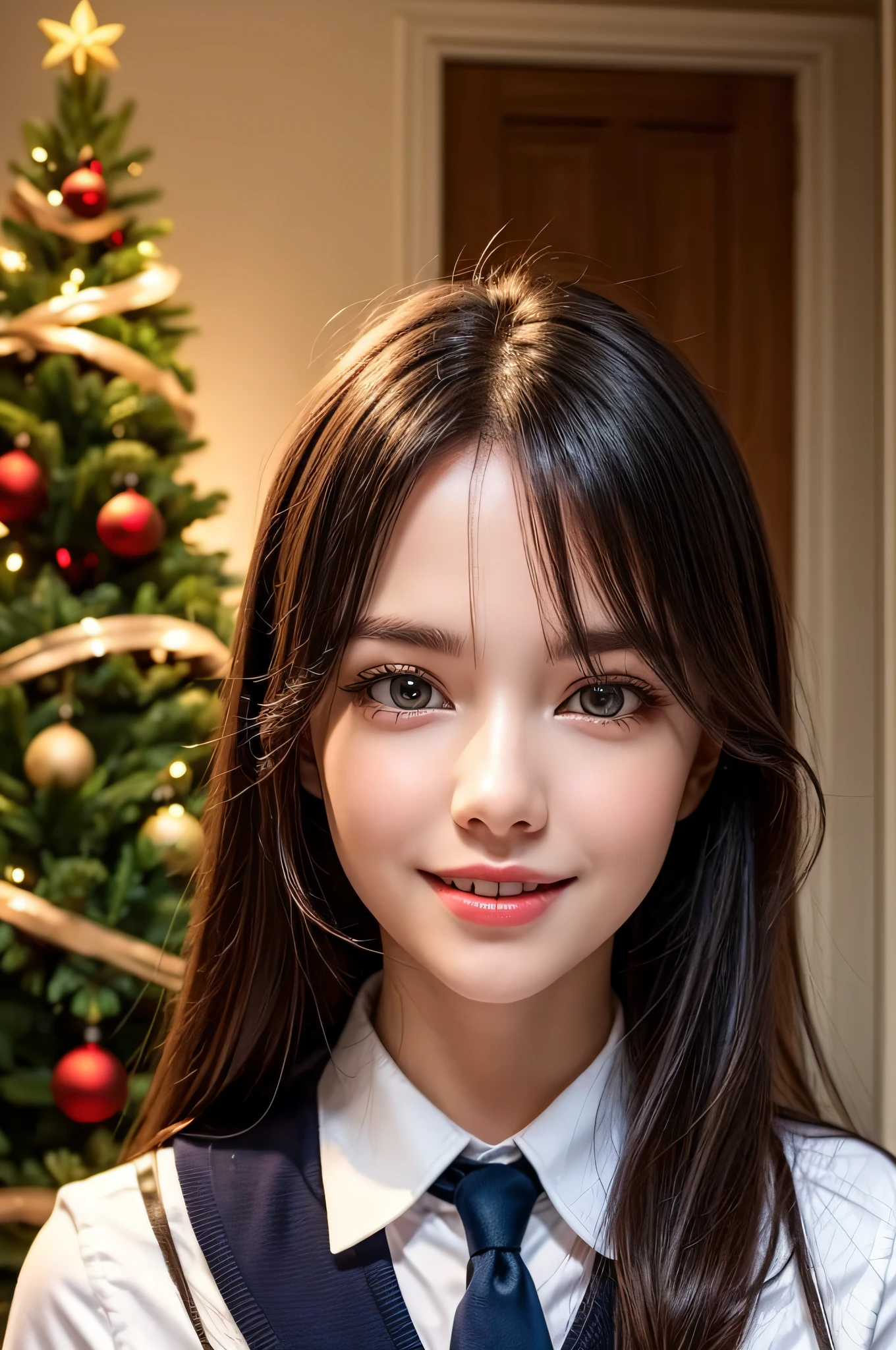 (1 cute girls), Extremely cute, Amazing face and eyes, (Beautiful lovely smile), (extremely detailed beautiful face), bright and shiny lips, (School uniform, Pleated skirt:1.3), (Best Quality:1.4), (hyper quality), (Ultra-detailed), (Hyper-realistic, Photorealsitic:1.37), Authentic skin texture, intricate-detail, extremely detailed CG unified 8k wallpaper, RAW Photos, professional photograpy, Cinematic lighting, Exposing, Christmas tree, Christmas Ornaments, Christmas Decorations, Christmas Lights, christmas lights,