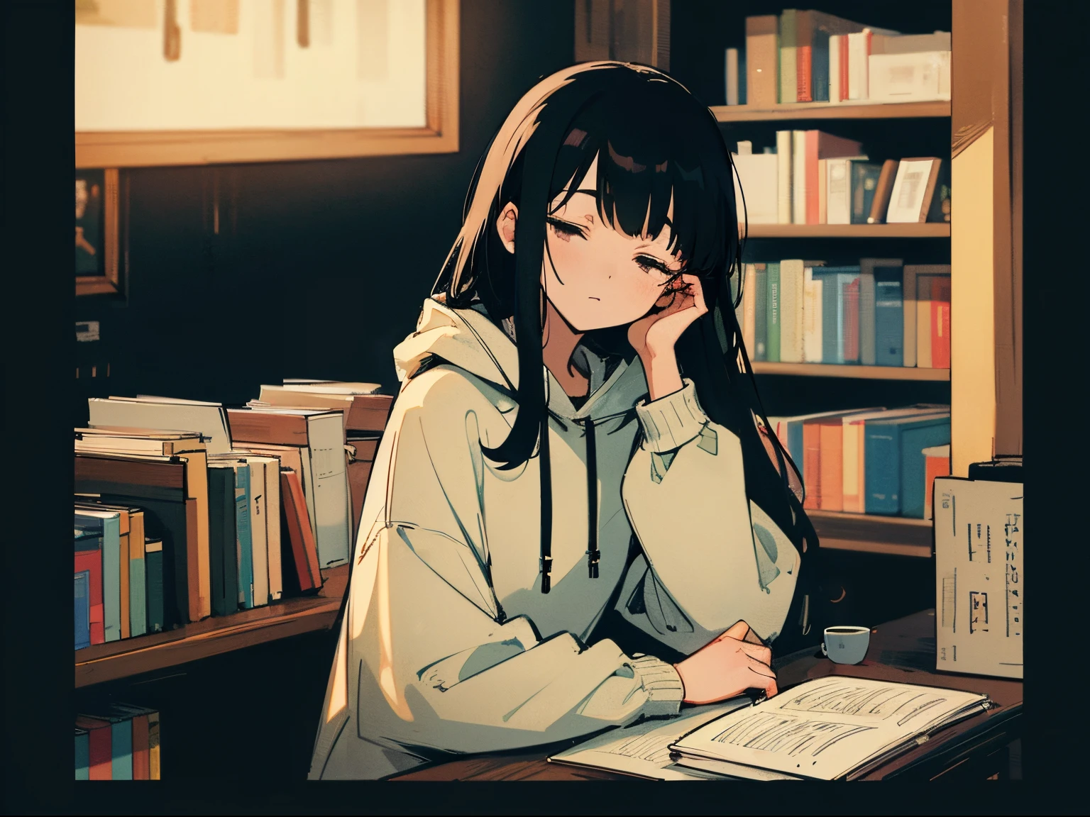 20 year old dark-haired woman, Clothes that look warm、Calm、Gentle light、black backgrounds、Coffee、head shot、Lo-Fi Illustration、a relaxing sight、Woman in hoodie、looks sleepy、bookshops