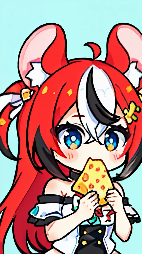 an animated picture of an anime girl with green eyes eating cheese pizza, 1girl, animal ears, solo, food, eating, hakos baelz, mouse ears, streaked hair, red hair, virtual youtuber, multicolored hair, holding, blue eyes, black hair, holding food, hair between eyes, food on face, upper body, bare shoulders, bangs, long hair, animal ear fluff, green background, cheese