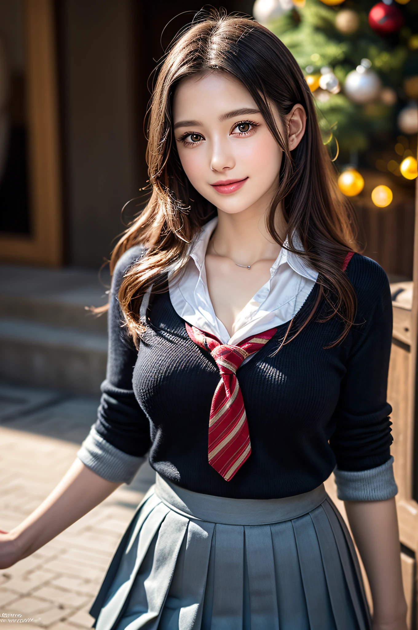 (1 cute girls), Extremely cute, Amazing face and eyes, (Beautiful lovely smile), (extremely detailed beautiful face), bright and shiny lips, (School uniform, Pleated skirt:1.3), (Best Quality:1.4), (hyper quality), (Ultra-detailed), (Hyper-realistic, Photorealsitic:1.37), Authentic skin texture, intricate-detail, extremely detailed CG unified 8k wallpaper, RAW Photos, professional photograpy, Cinematic lighting, Exposing, Christmas tree, Christmas Ornaments, Christmas Decorations, Christmas Lights, christmas lights,