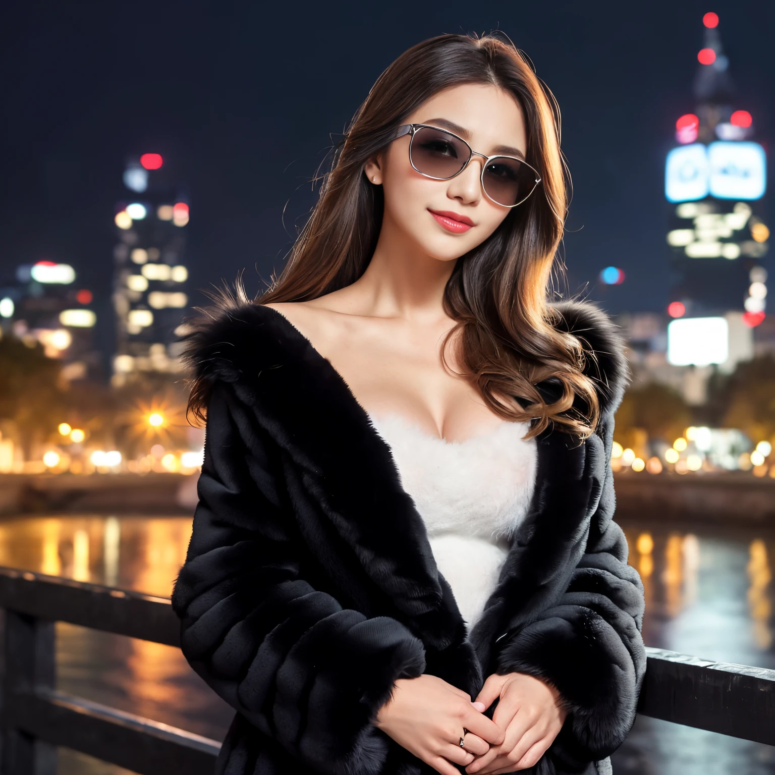 ((top-quality、masutepiece、8K、Top image quality、Hyper-Realism、SFW、1 photo))、1 female、(large full breasts)、Pregnancy、late pregnancy、bulging belly、Mafia female boss、A cool smile staring at me、View me、Full body photo、perfect anatomia、(The most luxurious and dignified huge fur coat:1.3)、(Very high quality fluffy fur:1.5)、(Lots of fluffy fur:1.3)、(the most luxurious black huge fur coat:1.3)、(black glowing sunglasses:1.2)、Gorgeous accessories、Long Wave Hair、(Midnight cityscape:1.4)、(fur shirt and fur coat:1.2)