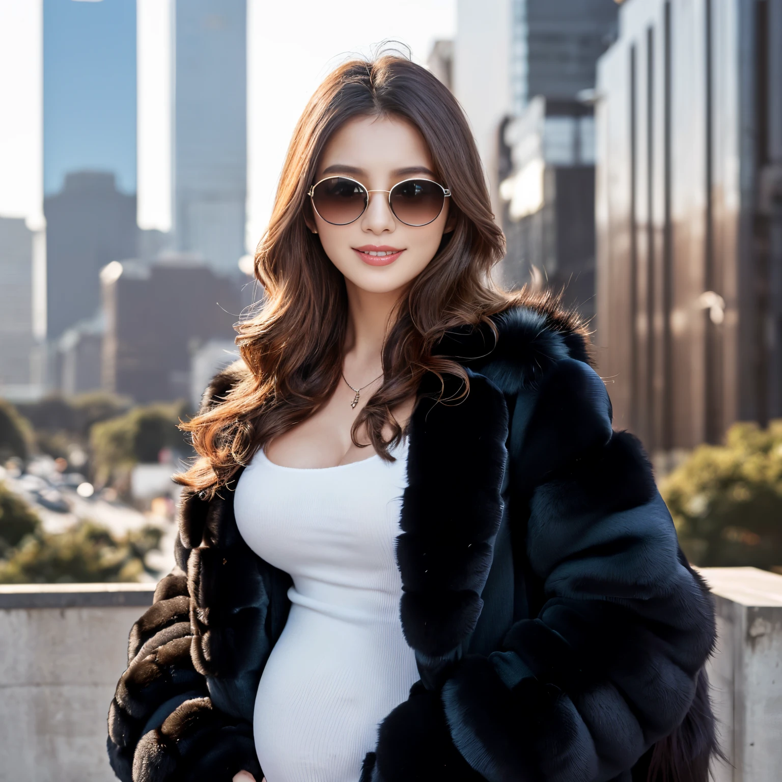 ((top-quality、masutepiece、8K、Top image quality、Hyper-Realism、SFW、1 photo))、1 female、(large full breasts)、Pregnancy、late pregnancy、bulging belly、Mafia female boss、A cool smile staring at me、View me、Full body photo、perfect anatomia、(The most luxurious and dignified huge fur coat:1.3)、(Very high quality fluffy fur:1.5)、(Lots of fluffy fur:1.3)、(the most luxurious black huge fur coat:1.3)、(black glowing sunglasses:1.2)、Gorgeous accessories、Long Wave Hair、(Midnight cityscape:1.4)、(fur shirt and fur coat:1.2)