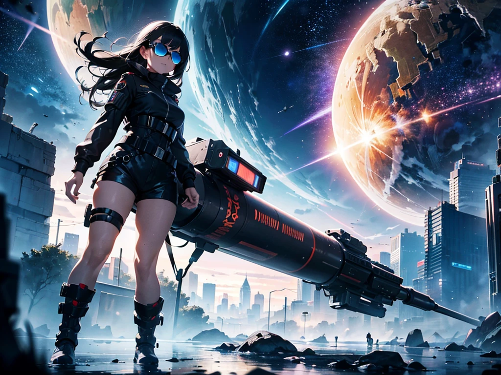 A stunning futuristic photograph Showing The Full Body of a beautiful Caucasian military lady with dark, flowing hair, dressed in a futuristic fashion top and shorts, donning stylish sunglasses and fashion couture military boots. She confidently holds a massive cyberpunk-style sniper cannon over her right shoulder. The scene is set in an intricate cosmic futurism environment, filled with whimsical surroundings and ethereal liquid light particles that rain vivid light everywhere. The artwork is executed in an amazing hyper realistic style, capturing every intricate detail flawlessly. The image quality is at its best, with UHD, HDR, DOF effects, and shot with a DSLR camera capable of 8K resolution. The artist also used the Fujifilm X3 and Manga techniques to create this mesmerizing masterpiece.