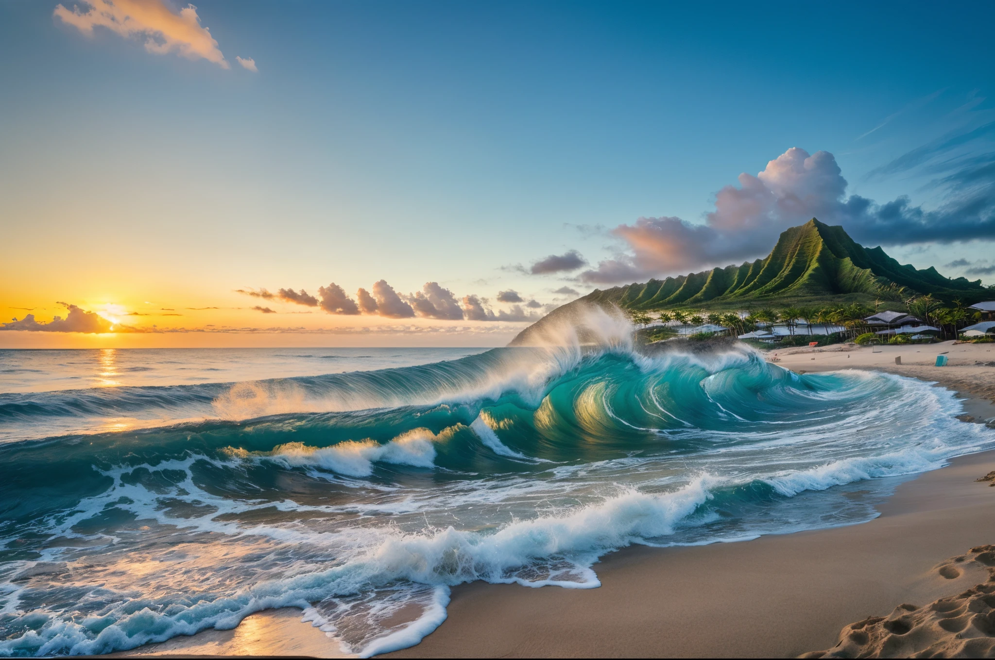 A Big curling wave breaking, (gold sand beach), wave, hawaii, Oahu, blue ocean, no people in shot, tropical beach front, beautiful bay, palm trees, sunset, ((mother of pearl sky)), (no people in shot), Reef, rocky point, "Mystical sky" (masterpiece:1.2) (photorealistic:1.4) Extremely Realistic.