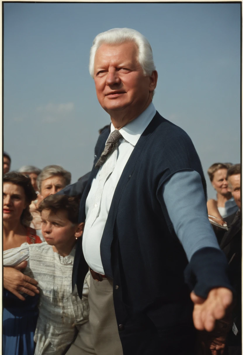A photo of Yeltsin passionately leading a group of locals in a traditional Russian dance at a neighborhood block party,The Russian Federation,Yeltsin was of average height, standing at around 5 feet 8 inches (173 cm) tall. He had a sturdy and somewhat stocky build, with a noticeable roundness to his figure.

Facial Features: Yeltsin had a round face with a prominent jawline. He had a fair complexion, often appearing flushed or rosy-cheeked, which was sometimes attributed to his drinking habits. His face was characterized by deep-set blue eyes that conveyed a sense of intensity and determination. Yeltsin had thinning gray hair, which he typically wore short.

Expressive Eyes: Yeltsin's eyes were often described as expressive and animated. They had a lively and sometimes piercing quality, reflecting his strong personality and passionate nature.

Attire: Yeltsin's fashion sense was known for being relatively casual and unassuming. He often appeared in public wearing business suits, typically in dark colors such as blue or gray. On more informal occasions, he would opt for less formal attire, occasionally wearing sweaters or sport coats.

Body Language: Yeltsin's body language was often described as energetic and dynamic. He had a tendency to gesticulate with his hands while speaking, emphasizing his points with animated gestures. Yeltsin's physical movements were often characterized by a sense of vigor and purpose, reflecting his assertive and active approach to politics.
Over the years, the effects of aging became more apparent in Yeltsin's appearance. As he served multiple terms as President of Russia, his hair continued to gray, and wrinkles became more prominent. These signs of aging were often mentioned in media portrayals of Yeltsin during his later years in office.
Yeltsin's body language was often described as dynamic and active. He would often move around the stage or podium while speaking, using his gestures and physical movements to engage the audience. Yeltsin's body language conveyed a sense of urgency and purpose, reflecting his determination to bring about change., male