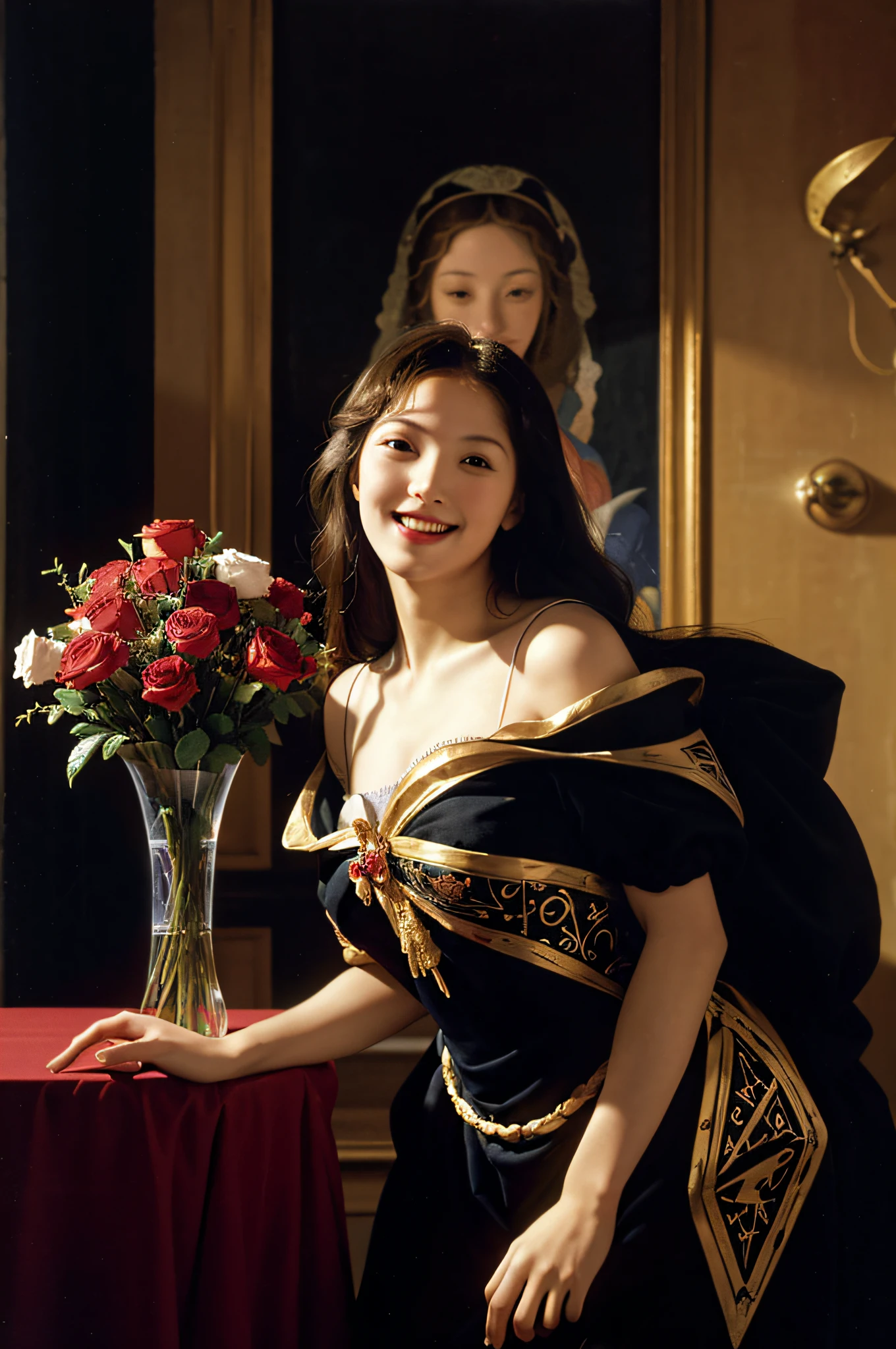 Geometry,astronault,quantum mechanics,Math,Astronomical machinery,astronault.Roses in a vase.fruits,Colossal tits,A smile.Ancient Greek costumes,Paintings by Sandro Botticelli。Costume with stretched shoulders,huge smile,Chiaroscuro of Caravaggio,Cute smile, Expression of ecstasy,A sexy