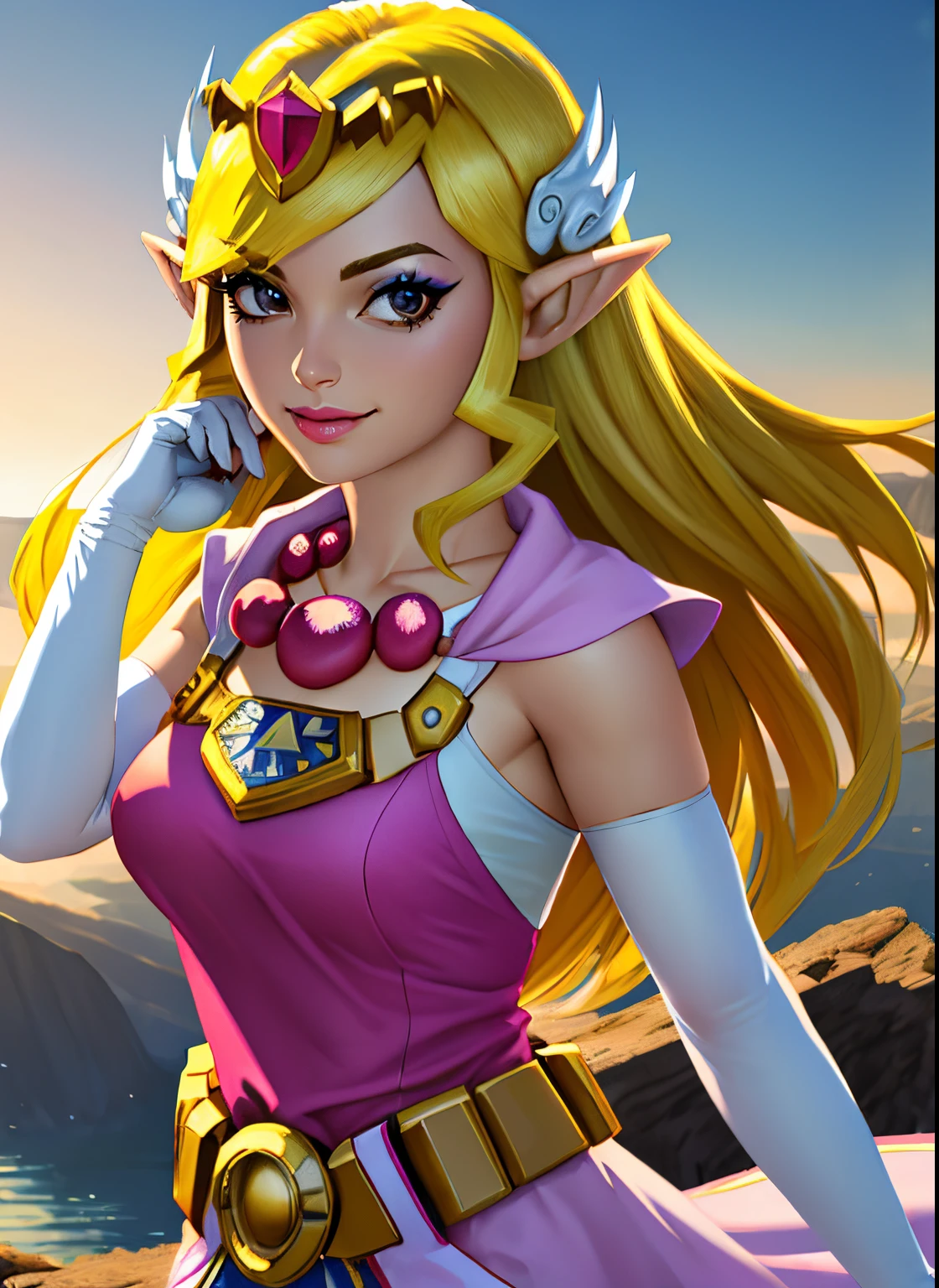 (best quality,4k,8k,highres,masterpiece:1.2),ultra-detailed,(realistic,photorealistic,photo-realistic:1.37),toon zelda,1girl,solo,long hair,beautiful detailed eyes,beautiful detailed lips,smile,blonde hair,gloves,dress,jewelry,pointy ears,elbow gloves,detailed belt,necklace,black eyes,makeup,tiara,eyeshadow,pulling up elbow glove to arm,toon style, vibrant colors,playful lighting.