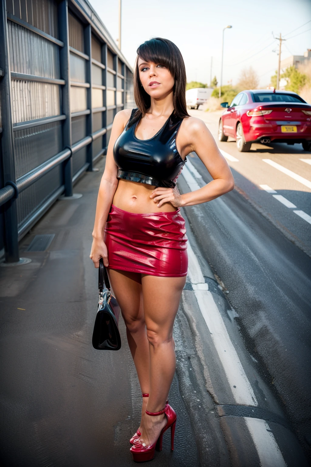 (best quality, 4k, 8k, highres, masterpiece:1.2), slight smile, black leather top, red leather micro miniskirt, subway car, dramatic lighting, soft focus, depth of field, vibrant colors, colorful light trails, graffiti-covered walls, blurry passersby, reflection on the subway window, cityscape in the background, shiny metal handrail, neon signs, subtle smoke, contrasting shadows, cinematic composition