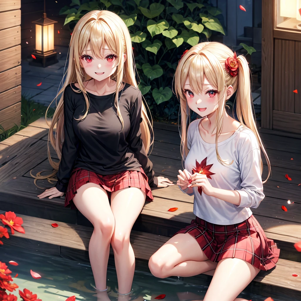 a blond、red eyes、1 pretty girl、animesque、lightly dressed、Plaid miniskirt、flower petals、bare-legged、wetting hair、Black T-shirt、sitting on、You、Smiling、Flame Magic
