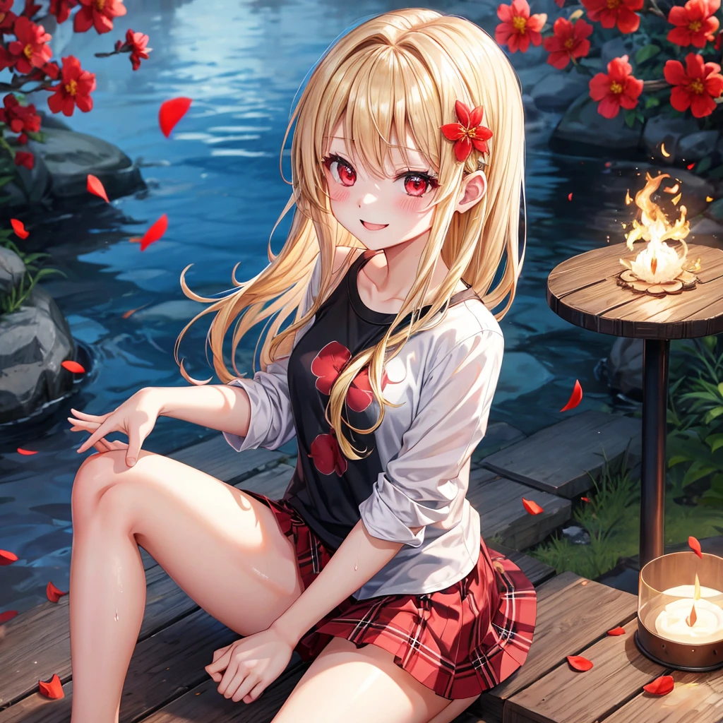 a blond、red eyes、1 pretty girl、animesque、lightly dressed、Plaid miniskirt、flower petals、bare-legged、wetting hair、Black T-shirt、sitting on、You、Smiling、Flame Magic