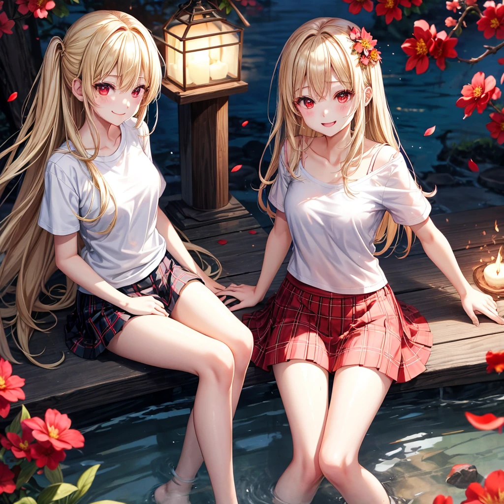 a blond、red eyes、1 pretty girl、animesque、lightly dressed、Plaid miniskirt、flower petals、bare-legged、wetting hair、Black T-shirt、sitting on、You、Smiling、Flame Magic