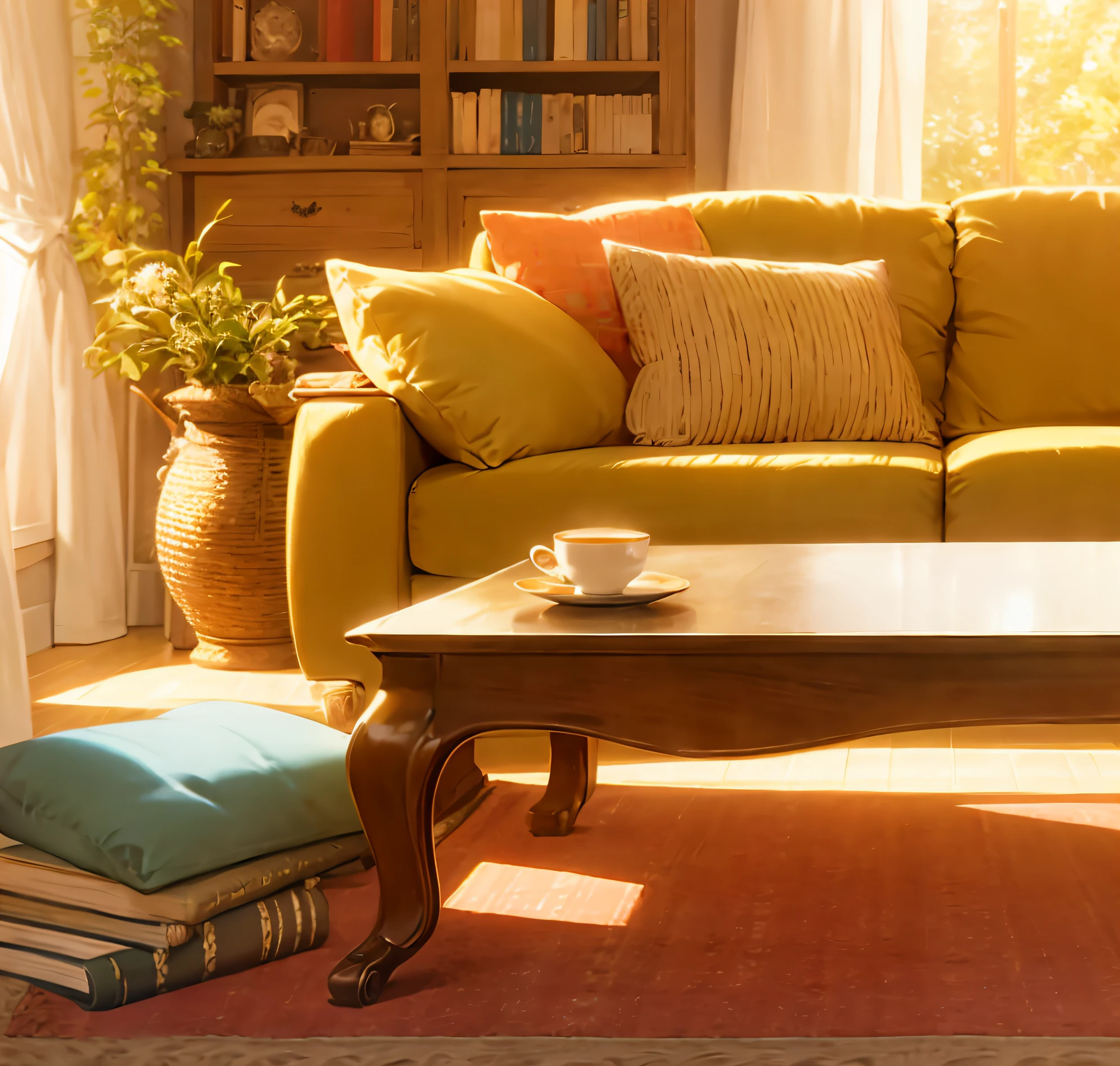 cozy living room, teacup, sofe, cabinet, Tea table, carpets, rays of sunshine,hyper HD, tmasterpiece, ctextured skin, super detailing, Award-Awarded, high detal, Best quality at best, A high resolution, high qulity, tmasterpiece, retinas, hyper HD, 1080p