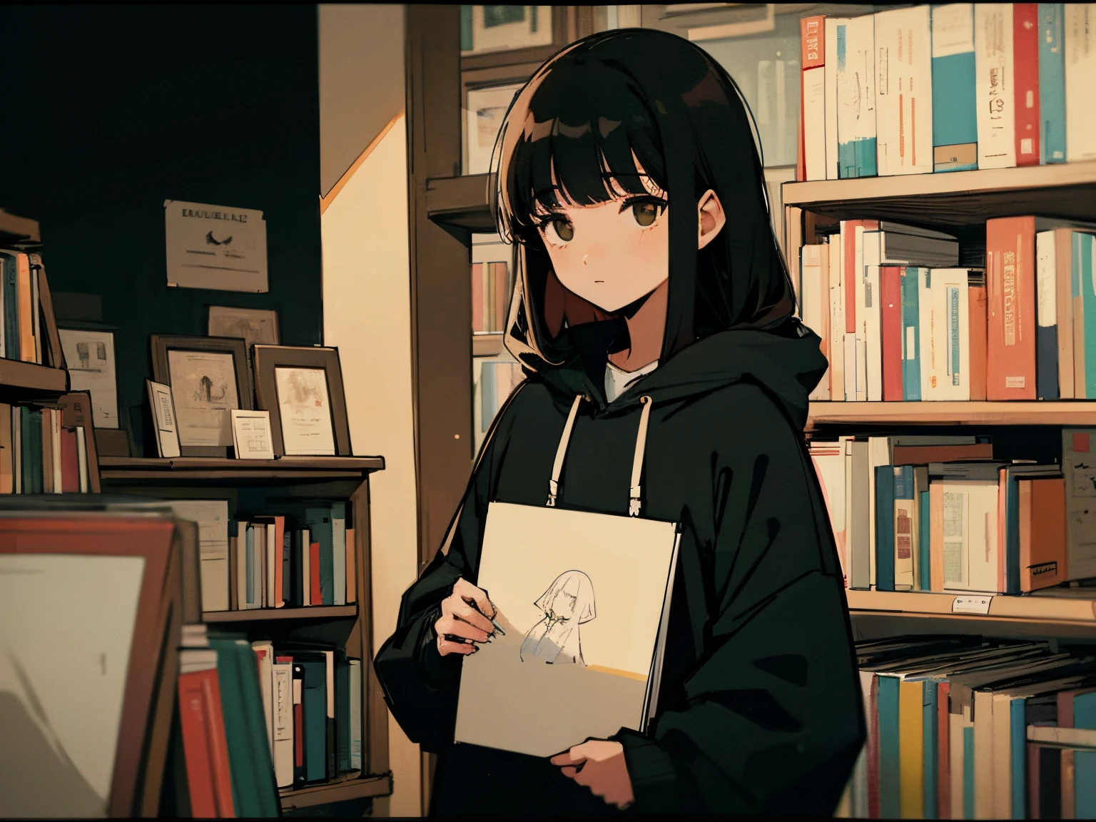 20 year old dark-haired woman, Clothes that look warm、Calm、Gentle light、black backgrounds、Coffee、head shot、Lo-Fi Illustration、a relaxing sight、Woman in hoodie、looks sleepy、bookshops