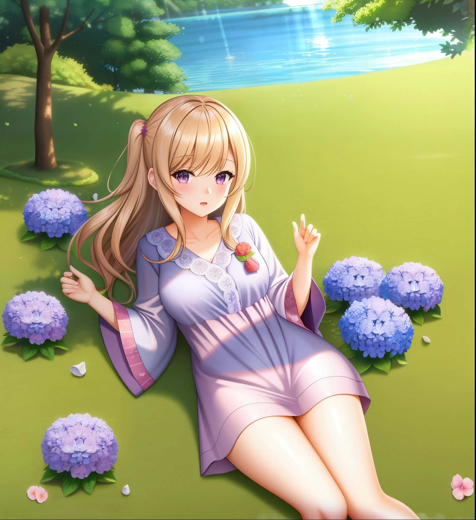 Hydrangeas, park, lake, small hill, pebble path,anime, masterpiece, best quality, anatomically correct, high details, 8K, wallpaper, mari makinami