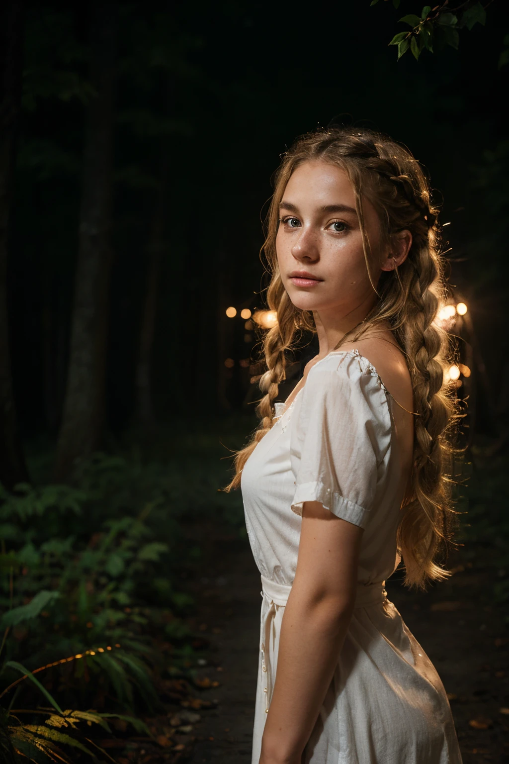 full body portrait, forest, night, fireflies, beautiful girl, blonde hair, twin braids, real photo of an 18year old girl, curls, freckles, unbuttoned, large neckline, white blouse, torn dress, nip slip, black background, light on face, dream, magical atmosphere, cinematic lighting, embers, fantasy, action pose, mist, CRU photo, 8k uhd, film grain