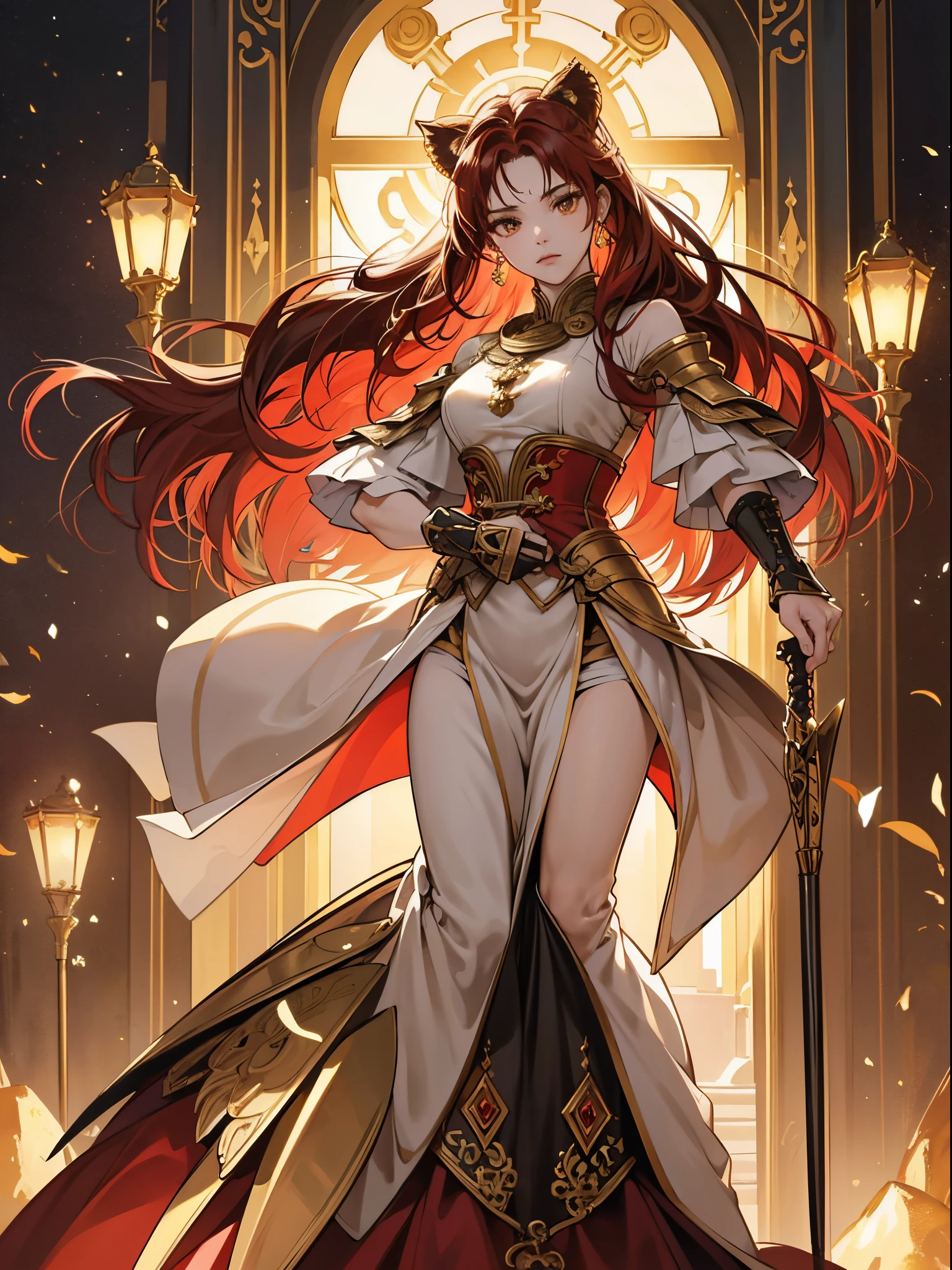 Gold and red tones、Fantasia、Ancient legends、Eventide、Best Quality, Very high resolution, 4K Detail CG, master piece、aesthetics、Mysterious、Queen of Thrones、Charisma、Ishtar, Goddess of War、Increase your fighting spirit、Invincible Great General、Be brave and bold、brave、great、rigor、Awe-inspiring Hall々、glorias、Prestige、Veteran Hero、Unparalleled beauty with a keen gaze、Rin々Right、Guardians of Lions、refinement、noble、Proud、Wearing noble jewelry、Equip your weapons、The appearance is luxurious and golden armor、cloaks、tall and slender、Long hair with fiery red hair、thirds rule、Perfect Angle、perfect-composition、low angles、Perfect light and shadow contrast、full body Esbian、(((masterpiece)))、(((top-quality)))、((ultra-definition))、(High Definition CG Illustration)、((extremely delicate and beautiful))、Cinematic Light、)