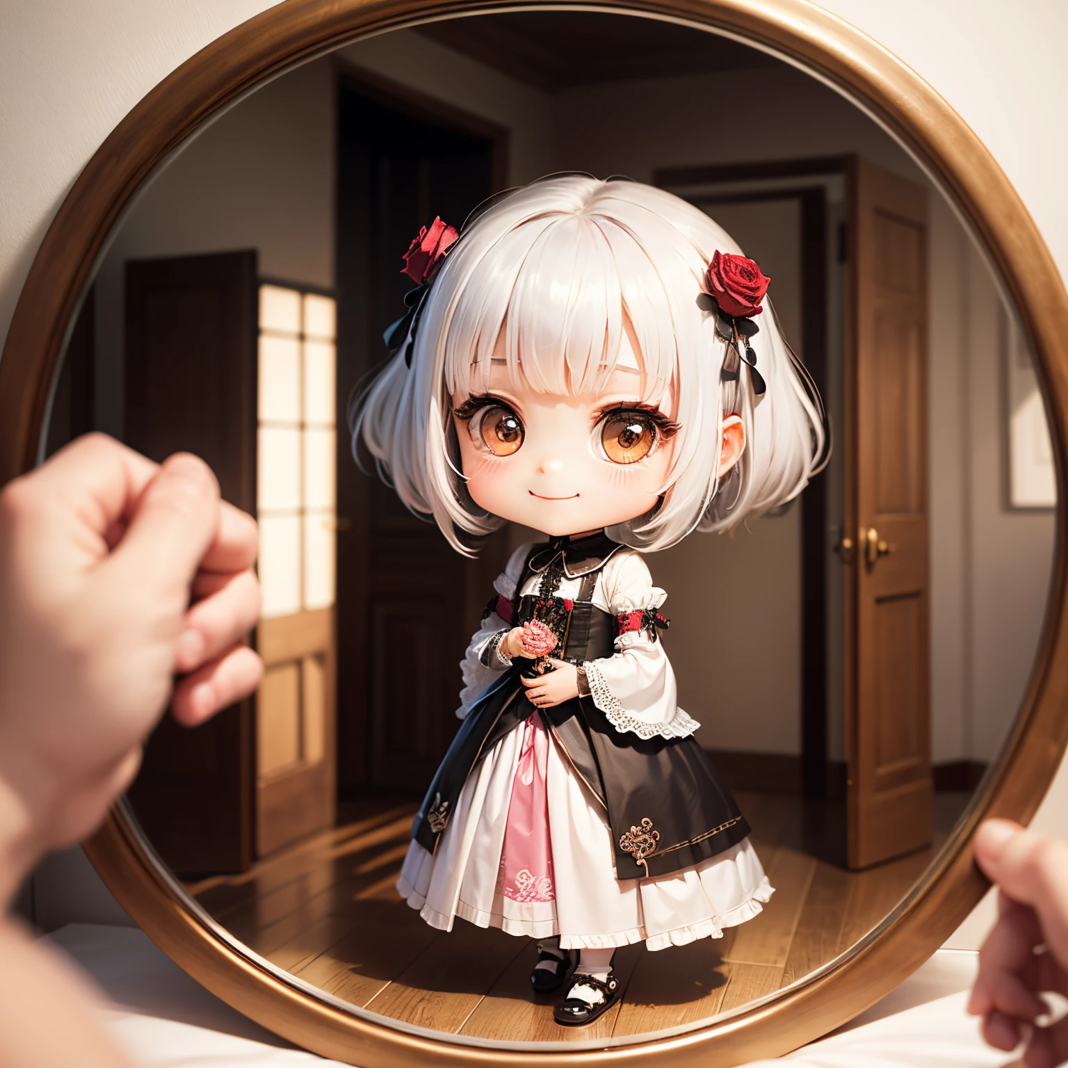 masterpiece、top-quality、ultra-detailliert、(Chibi Chara's Daughter:1.2)、Gorgeous rose decorative mirror🪞、interview、white hair、Renaissance Dresses、Standing、A smile