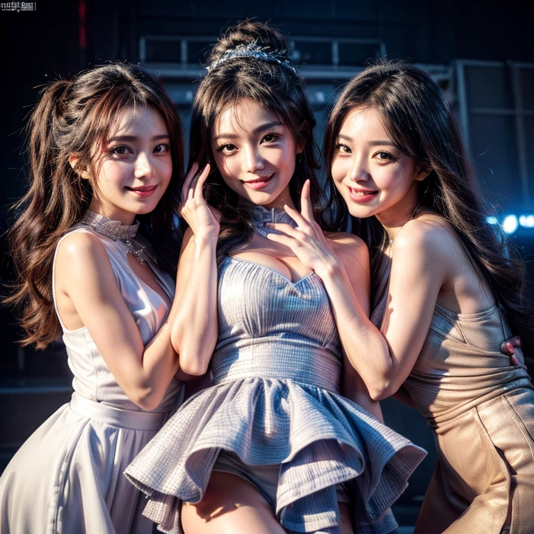(3girl:1.4), Amazing face and eyes, Smile, energy, vitality, (Idol), (Idol outfit), (Best Quality:1.4), extremely detailed CG unified 8k wallpaper, Highly detailed, High-definition raw color photos, professional photograpy, Realistic portrait, (stage)