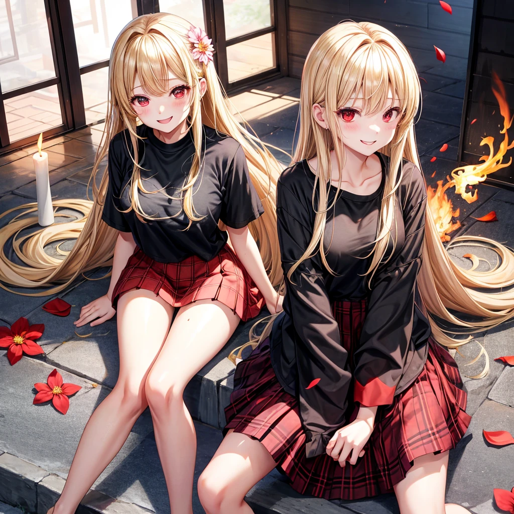a blond、red eyes、1 pretty girl、animesque、lightly dressed、Plaid miniskirt、flower petals、bare-legged、wetting hair、Black T-shirt、sitting on、You、Smiling、fire flame