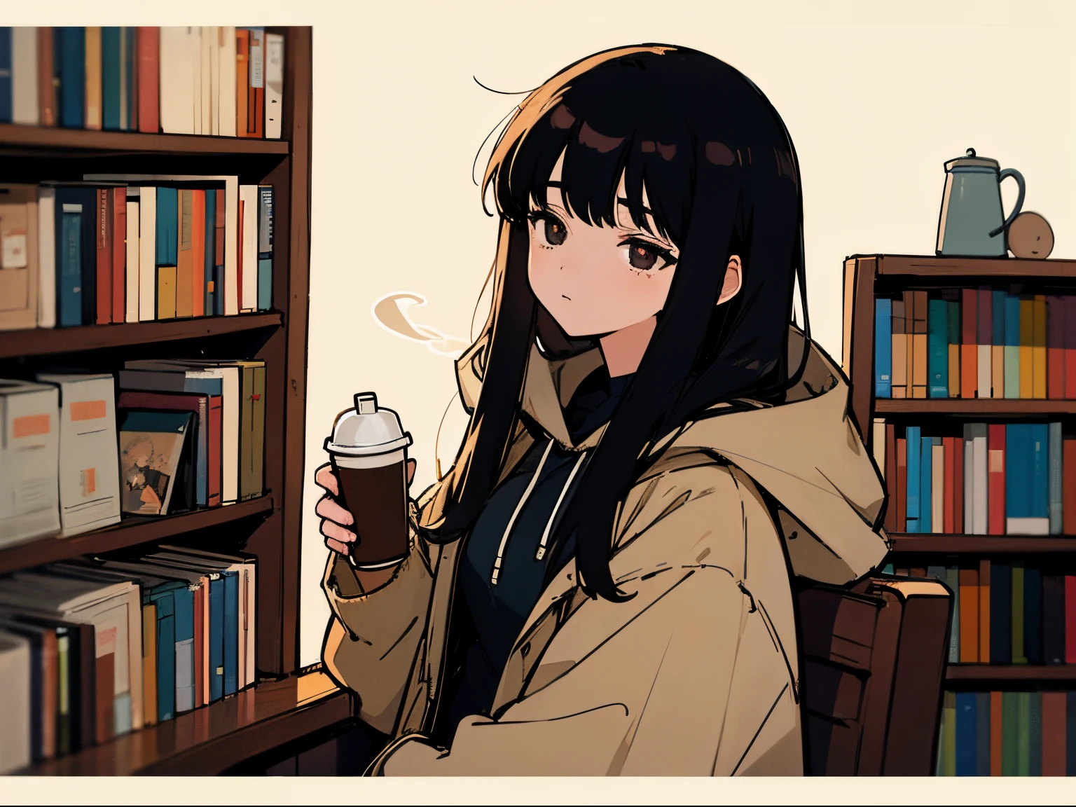 20 year old dark-haired woman, Clothes that look warm、Calm、Gentle light、black backgrounds、Coffee、head shot、Lo-Fi Illustration、a relaxing sight、Woman in hoodie、looks sleepy、bookshops