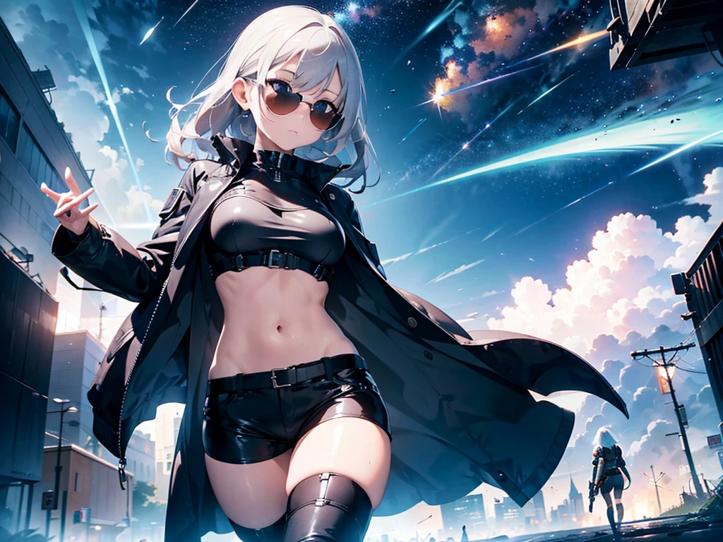 A stunning futuristic photograph Showing The Full Body of a beautiful Caucasian military lady with dark, flowing hair, dressed in a futuristic fashion top and shorts, donning stylish sunglasses and fashion couture military boots. She confidently holds a massive cyberpunk-style Pistol. The scene is set in an intricate cosmic futurism environment, filled with whimsical surroundings and ethereal liquid light particles that rain vivid light everywhere. The artwork is executed in an amazing hyper realistic style, capturing every intricate detail flawlessly. The image quality is at its best, with UHD, HDR, DOF effects, and shot with a DSLR camera capable of 8K resolution. The artist also used the Fujifilm X3 and Manga techniques to create this mesmerizing masterpiece.