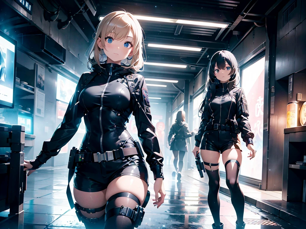A stunning futuristic photograph Showing The Full Body of a beautiful Caucasian military lady with dark, flowing hair, dressed in a futuristic fashion top and shorts, donning stylish sunglasses and fashion couture military boots. She confidently holds a massive cyberpunk-style Pistol. The scene is set in an intricate cosmic futurism environment, filled with whimsical surroundings and ethereal liquid light particles that rain vivid light everywhere. The artwork is executed in an amazing hyper realistic style, capturing every intricate detail flawlessly. The image quality is at its best, with UHD, HDR, DOF effects, and shot with a DSLR camera capable of 8K resolution. The artist also used the Fujifilm X3 and Manga techniques to create this mesmerizing masterpiece.