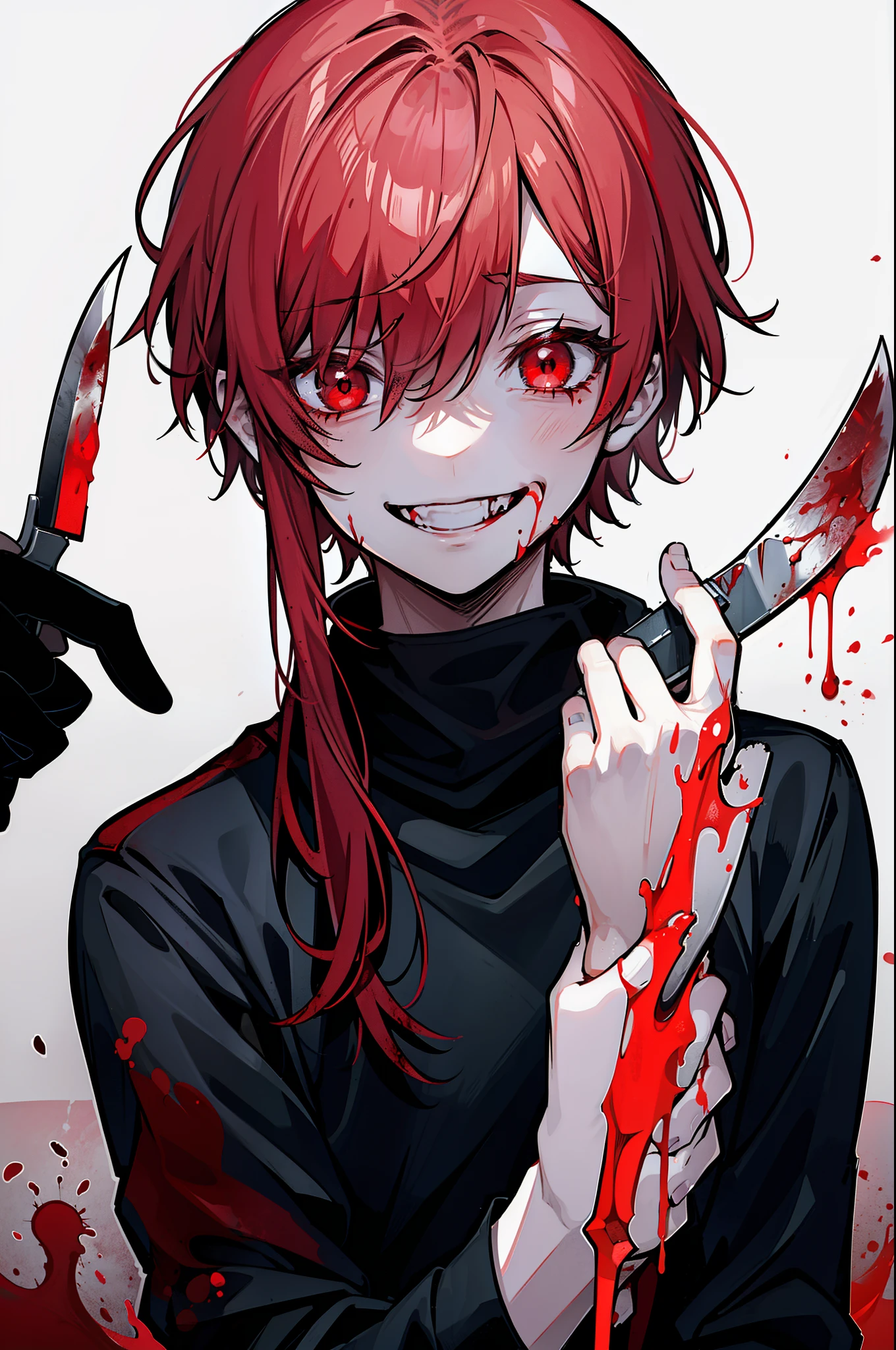 1 male、twinks、Mash、Blood everywhere、blood splashing、Guess the face、laugh、Murderous ghosts、Holding a knife、dark hue、Red hue、Hunting、