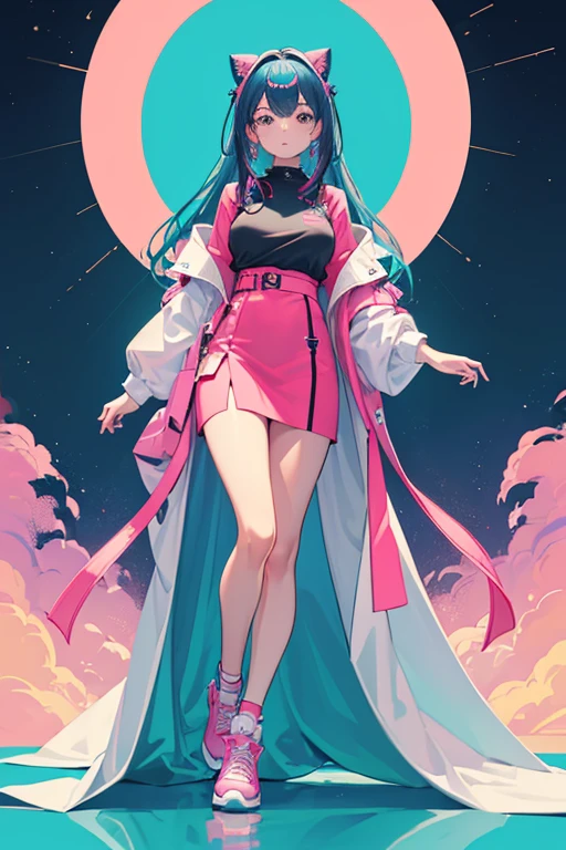 ((best quality)), ((masterpiece)), (detailed), female ((perfect face)), full body pose, simulation streetwear, hot pink, teal, dark blue