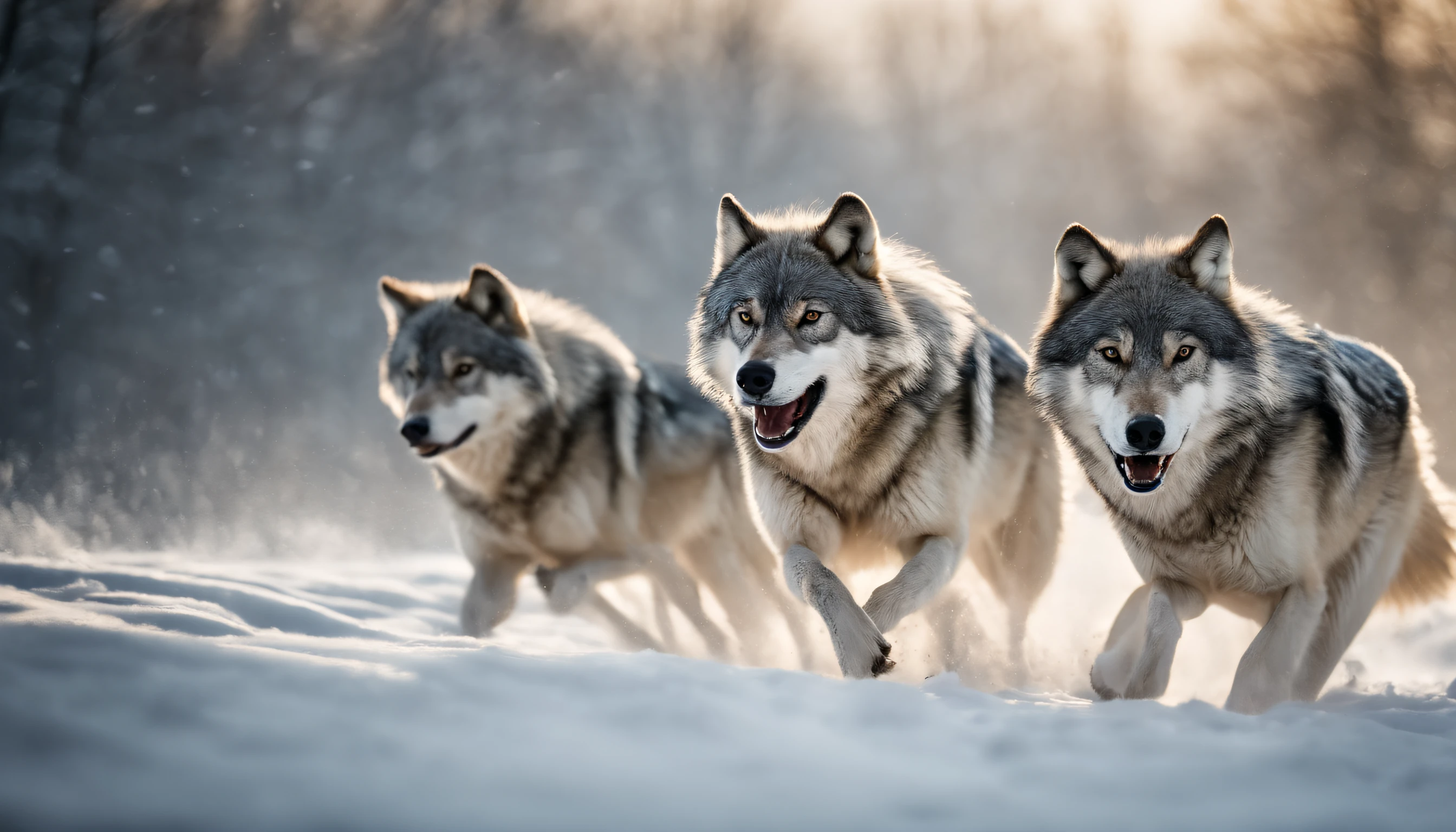 A pack of gray wolves running through a snowy field、Feeling of sprinting、best composition、masutepiece、Photorealsitic、A hyper-realistic