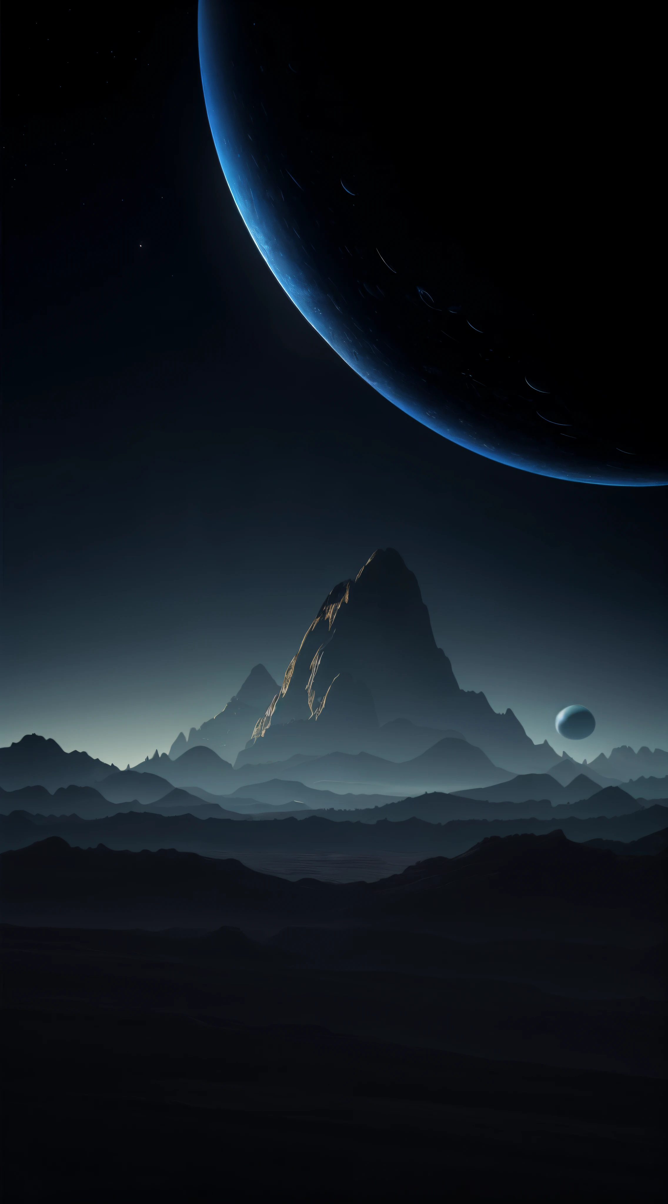 Planet view with mountains as background, Beautiful alien landscape, stunning alien landscape, Stunning alien landscapes, Exterior surface, otherworldly landscapes, large planet in background, gravel ground