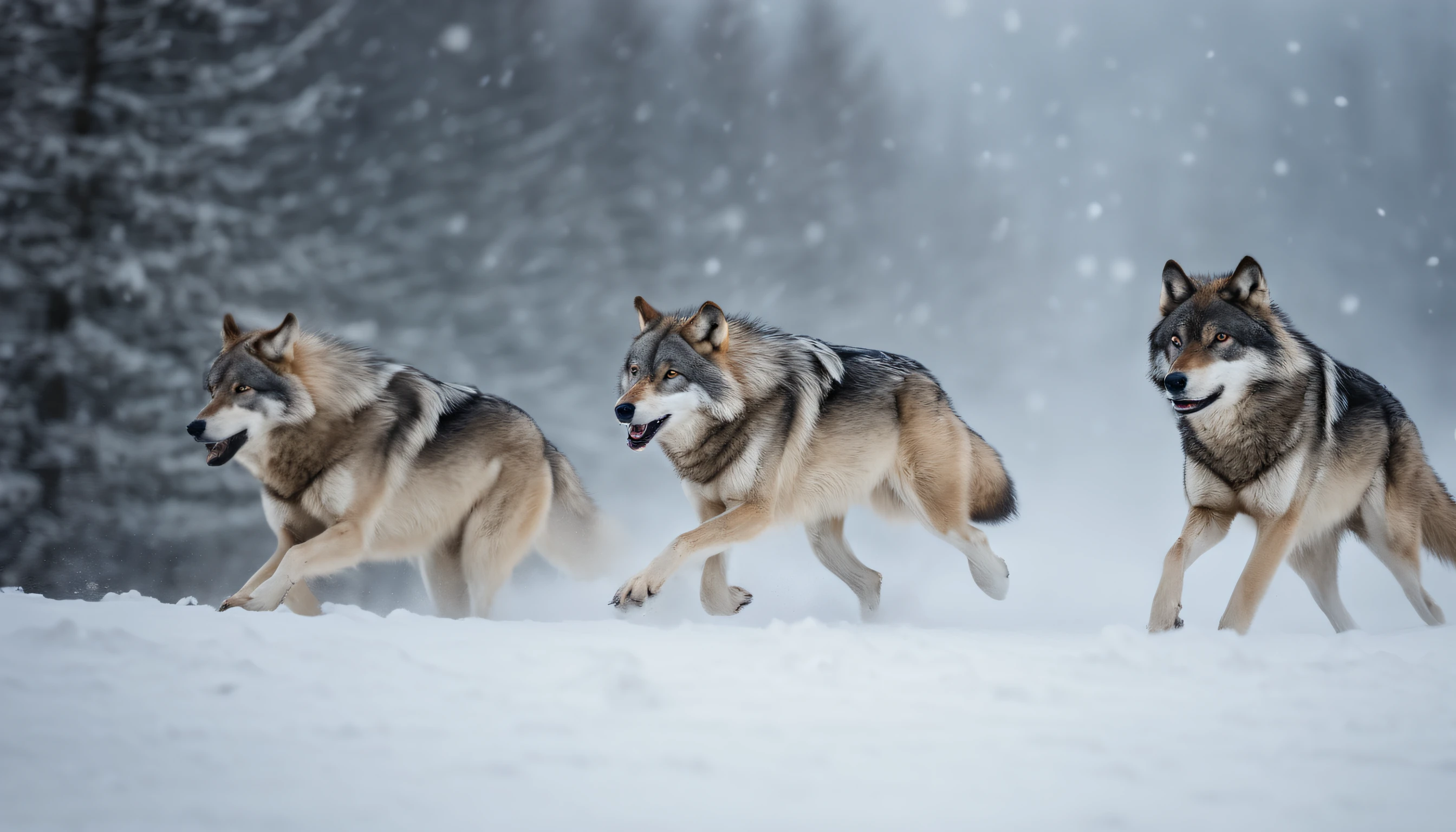 A pack of gray wolves running through a snowy field、Feeling of sprinting、Snow smoke、best composition、masutepiece、Photorealsitic、A hyper-realistic