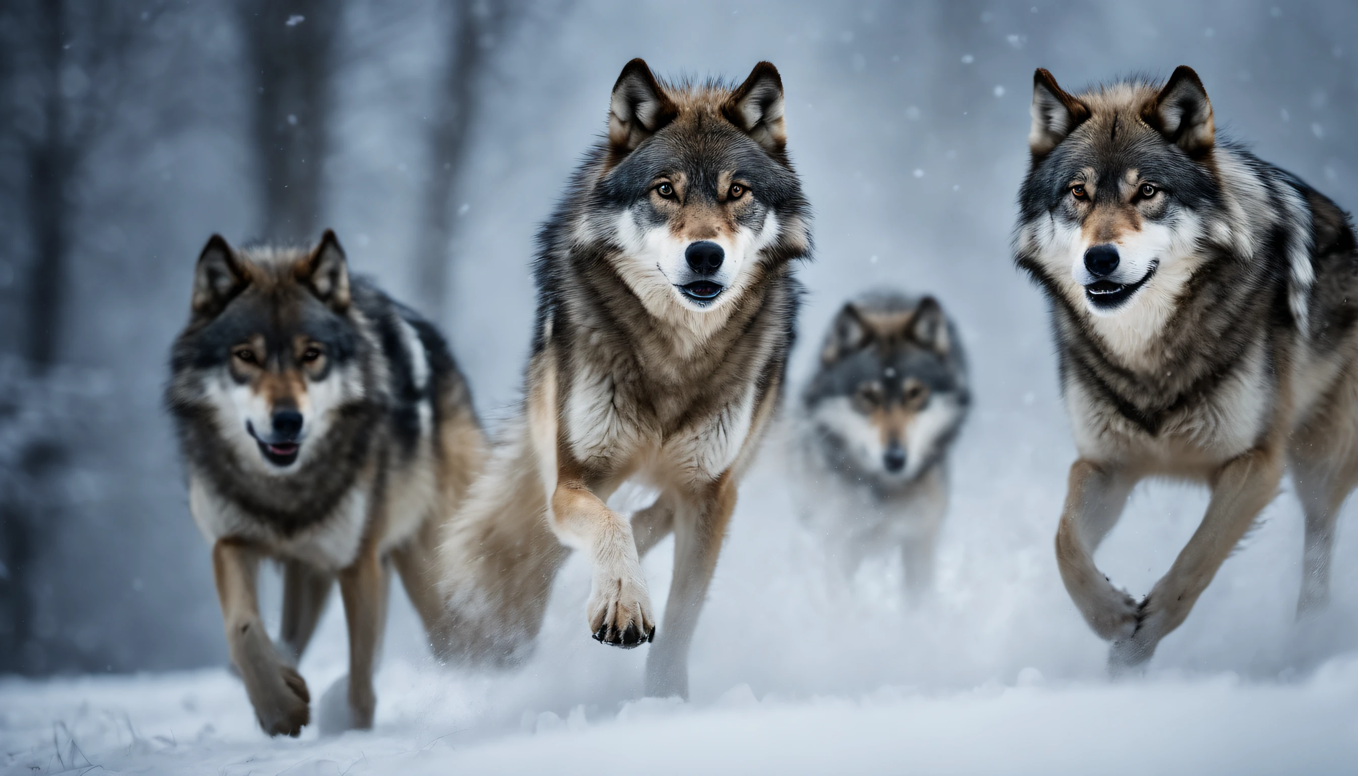 A pack of gray wolves running through a snowy field、Feeling of sprinting、Snow smoke、best composition、masutepiece、Photorealsitic、A hyper-realistic
