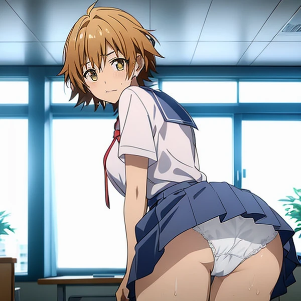 blushed、Troubled face、Teary-eyed、(Feminization、Japan school uniform、Check skirt、white erotic panties、Underwear that bites、Light makeup)、(man 1,Female 1、Man touches woman's buttocks)、short-hair、full body Esbian、feminine breasts、ligh brown hair、(masutepiece, Best Quality)、 Shiny skin、(1girll: nase, Naughty blush, Sweat flows)