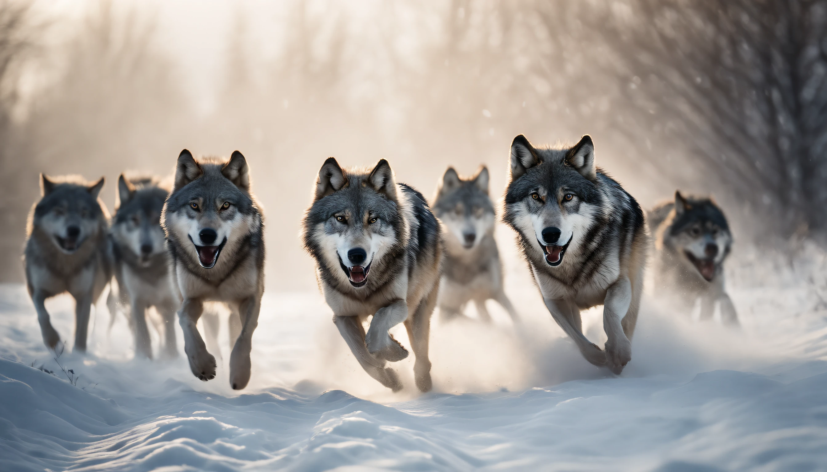 A pack of gray wolves running through a snowy field、Feeling of sprinting、Snow smoke、best composition、masutepiece、Photorealsitic、A hyper-realistic