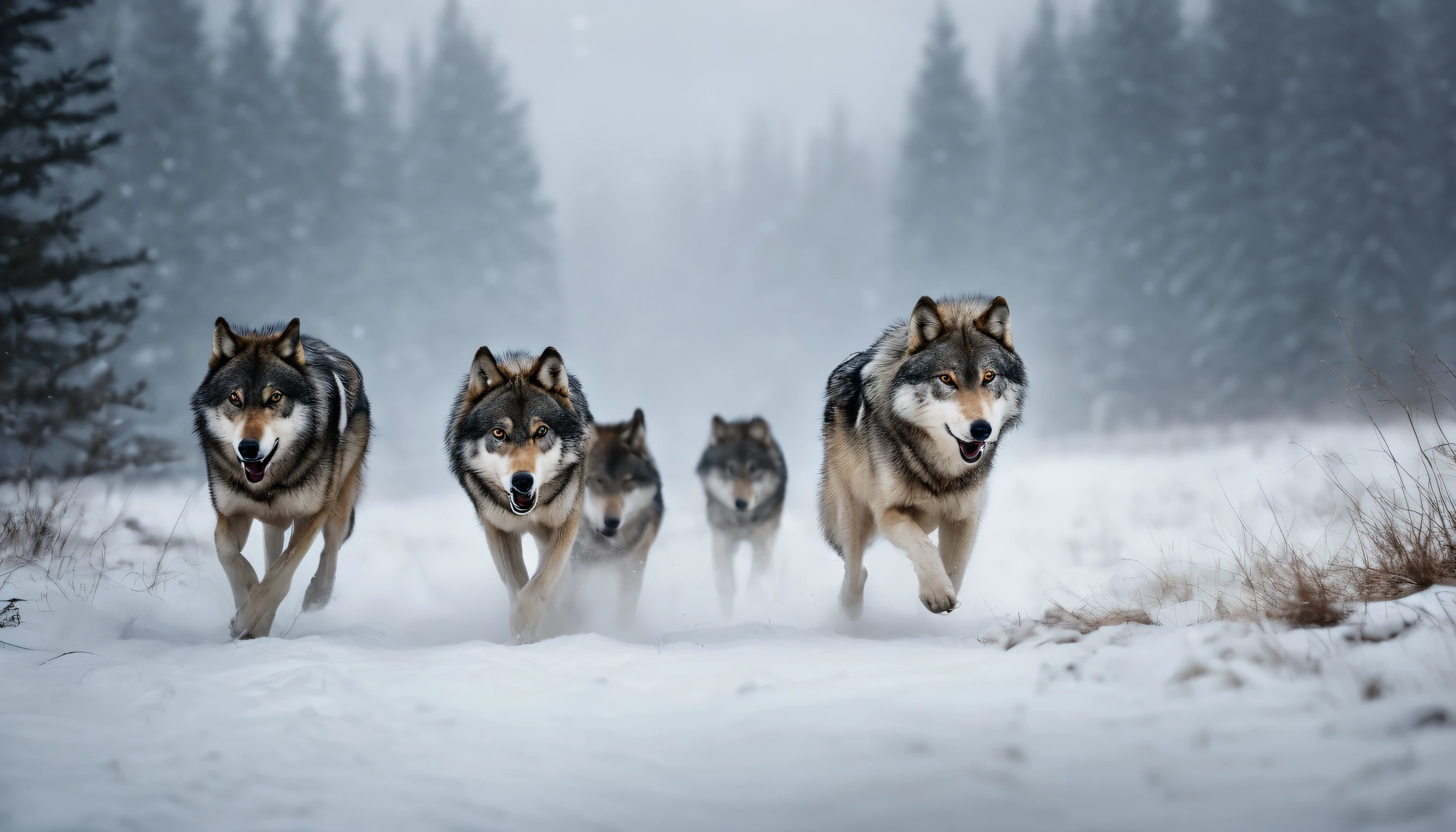 A pack of gray wolves running through a snowy field、Feeling of sprinting、Snow smoke、best composition、masutepiece、Photorealsitic、A hyper-realistic