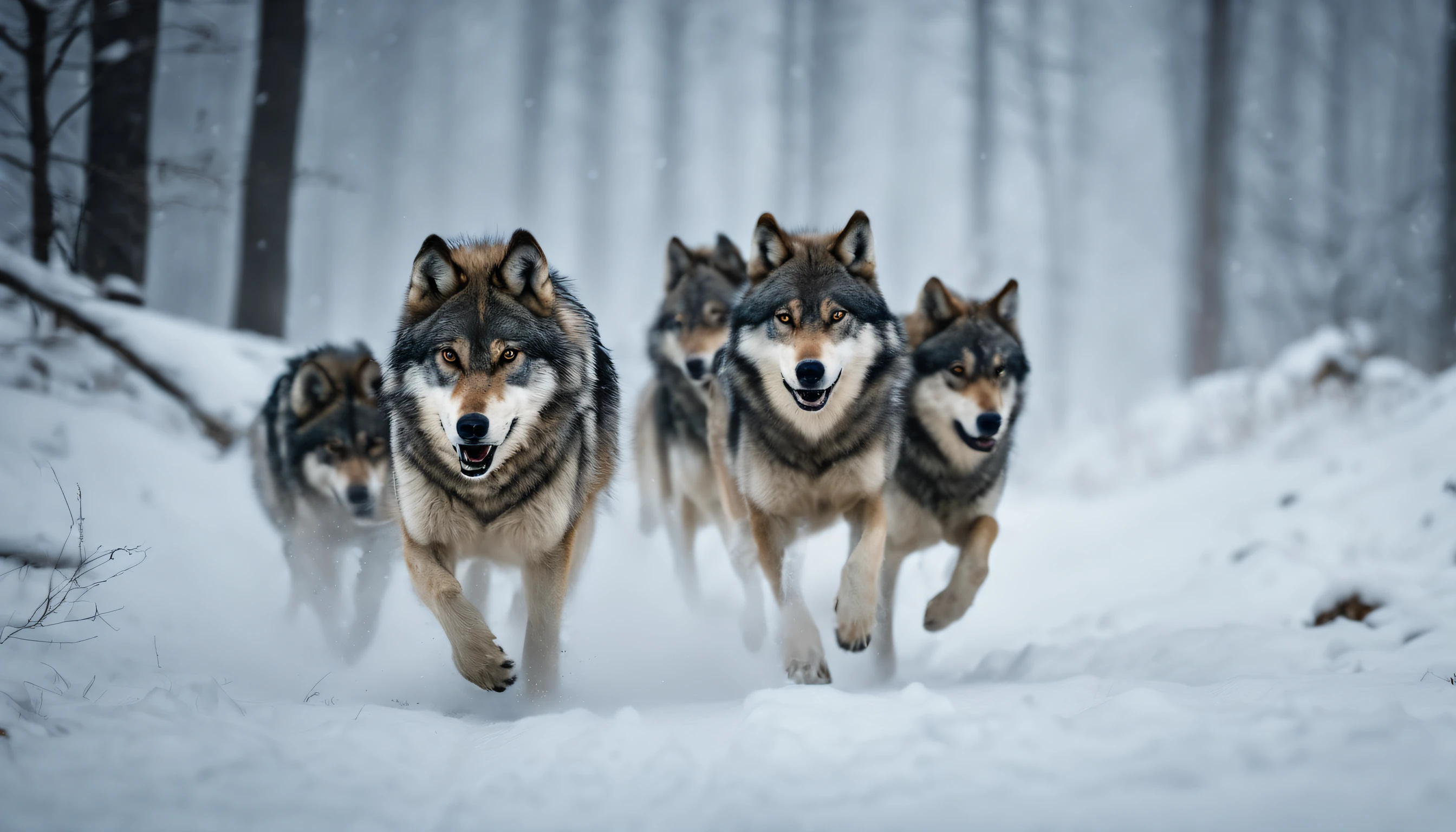 A pack of gray wolves running through a snowy field、Feeling of sprinting、Snow smoke、best composition、masutepiece、Photorealsitic、A hyper-realistic