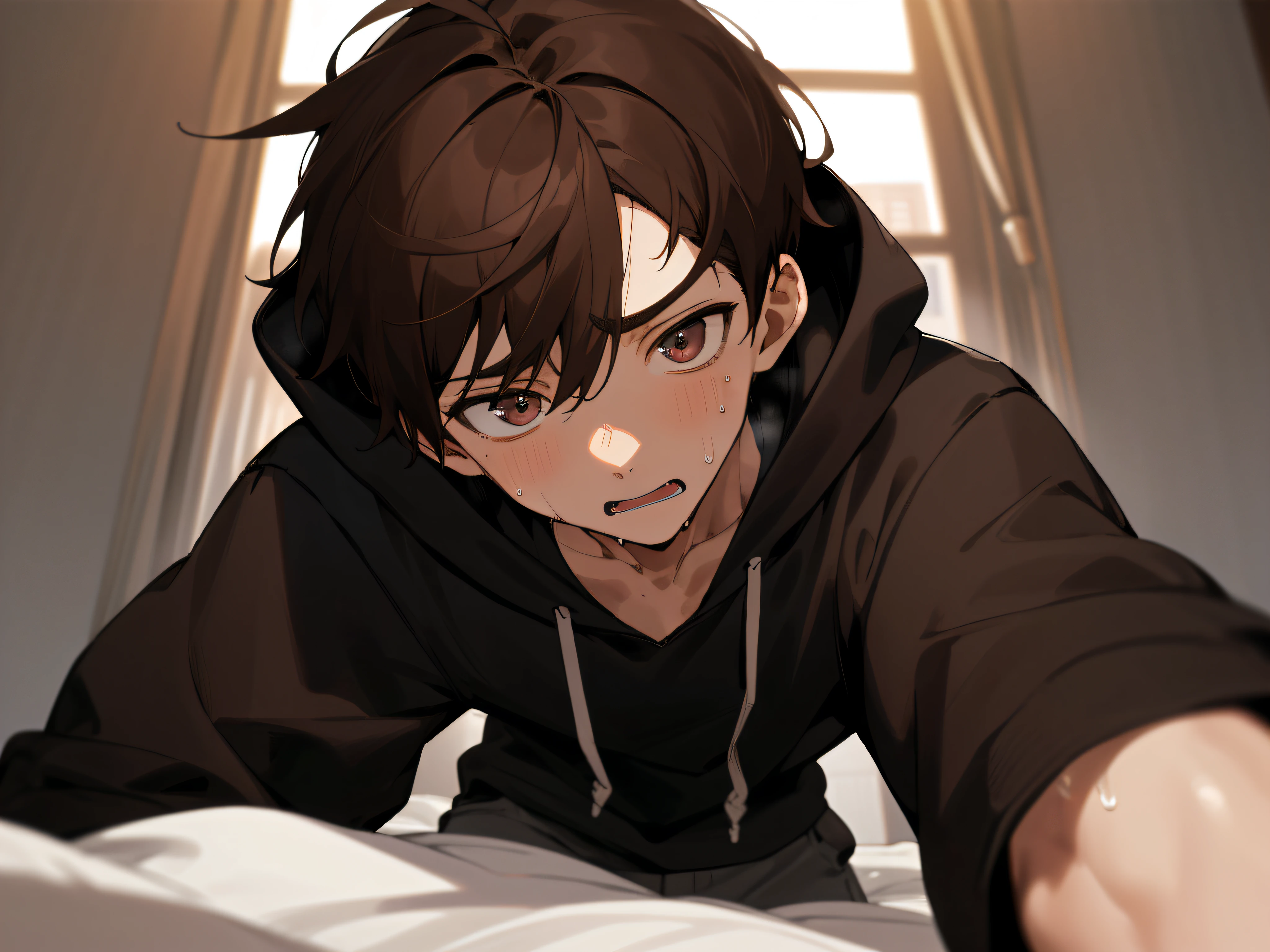 male people, 26 years old,1 boy、Brown hair、Black hoodie,eyes are brown,extreme close - up,Sweating、Angle from below,perspiring,Impatient expression,Background Hotel,a bed,natta