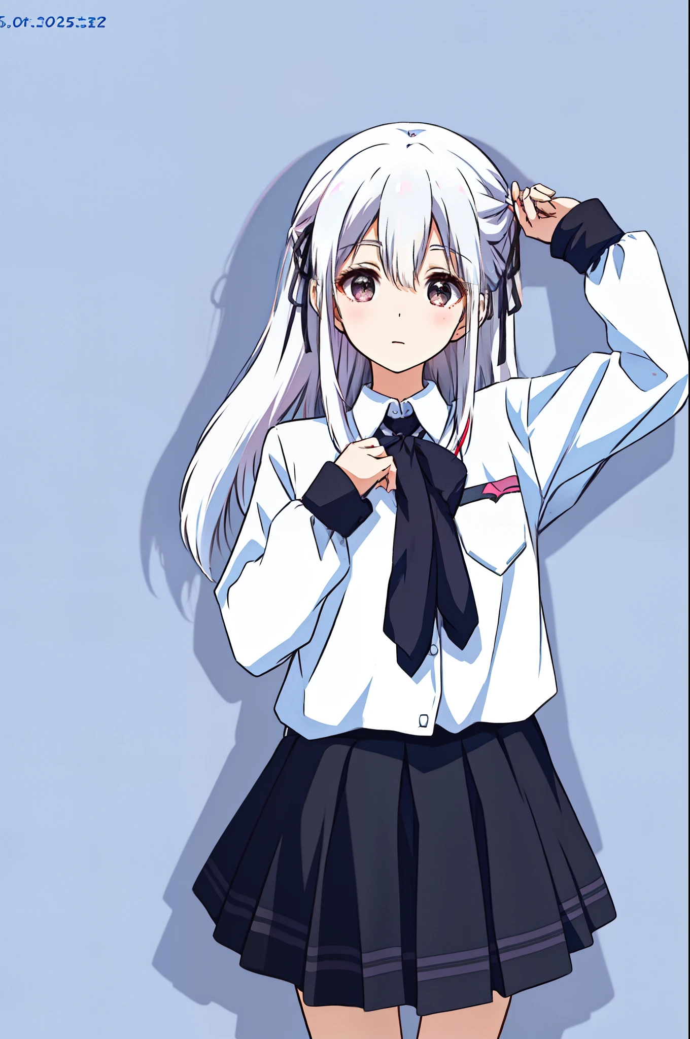 masterpiece, 1girl,solo,best quality, nii_manabu,school uniform, [white hair:pink hair:20],black skirt,long hair,upper body, hair ribbon, star-shapped hairpin,