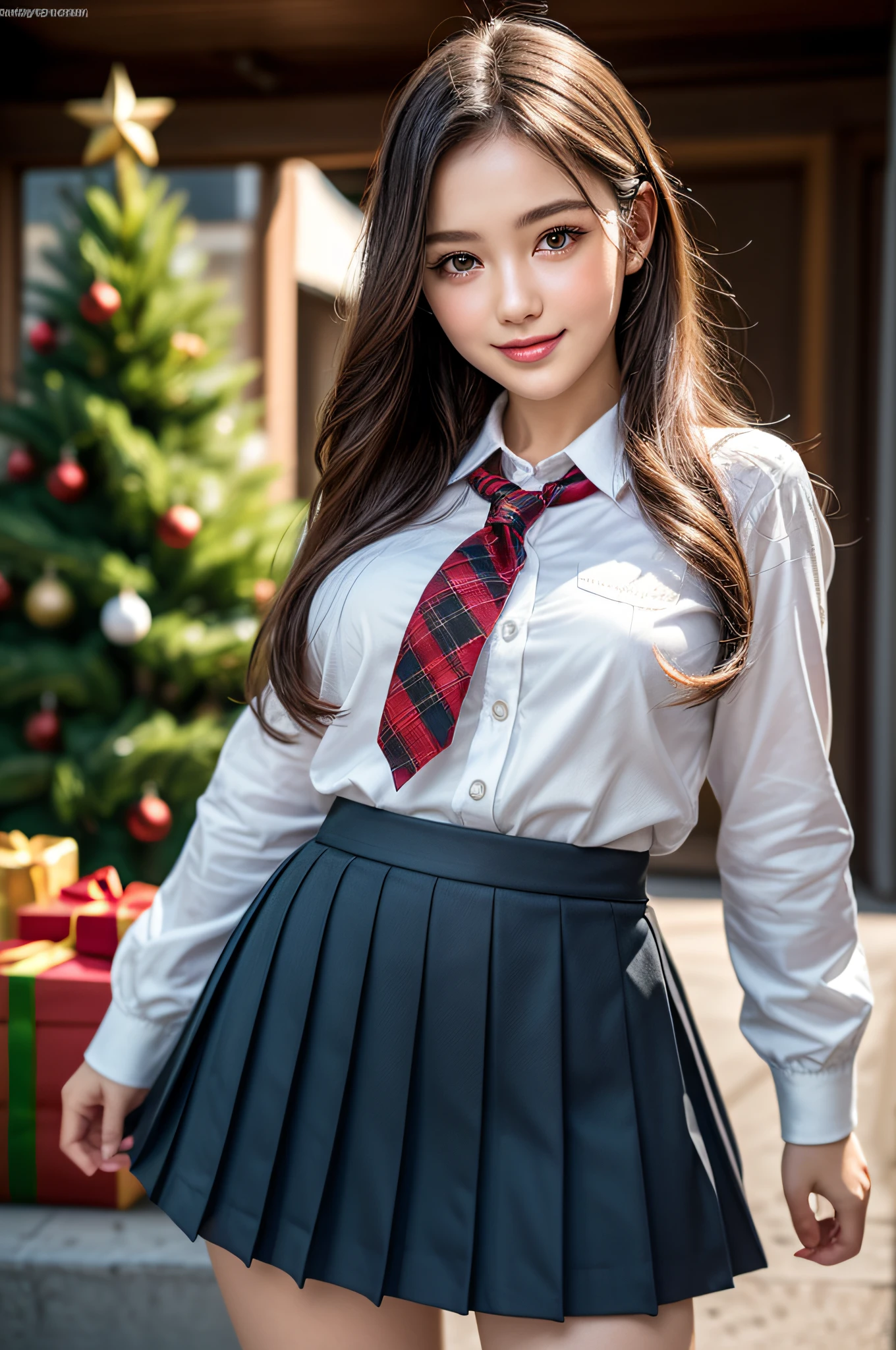 (1 cute girls), Extremely cute, Amazing face and eyes, (Beautiful lovely smile), (extremely detailed beautiful face), bright and shiny lips, (School uniform, Pleated skirt:1.3), (Best Quality:1.4), (hyper quality), (Ultra-detailed), (Hyper-realistic, Photorealsitic:1.37), Authentic skin texture, intricate-detail, extremely detailed CG unified 8k wallpaper, RAW Photos, professional photograpy, Cinematic lighting, Exposing, Christmas tree, Christmas Ornaments, Christmas Decorations, Christmas Lights, christmas lights,