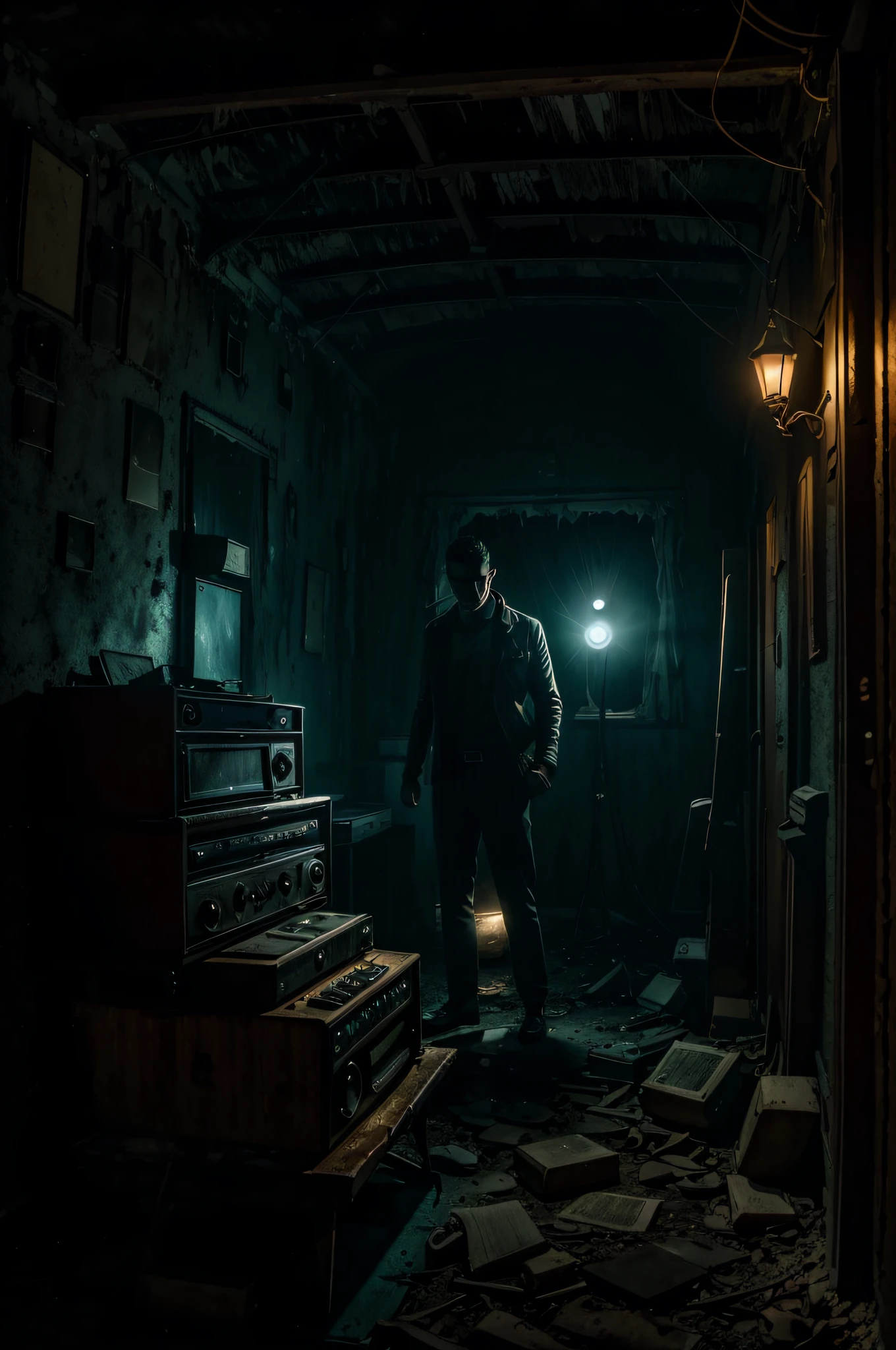 Generate a detailed digital illustration that captures the haunted atmosphere of "La Voz de la Noche," la emisora de radio abandonada. Visualize the station nestled deep in the countryside., rodeado de bosques oscuros y caminos desolados. La tenue luz de la luna proyecta sombras misteriosas sobre el desgastado edificio., realzando su aura sobrenatural. Utilice una paleta de colores tenues, predominantemente azules y morados, to convey the feeling of mystery and the unknown.
En primer plano, representan la silueta distintiva de Samuel Carver, el locutor apasionado, with his figure outlined by distorted radio waves emanating from the transmission tower. Detalles meticulosos, like an old microphone and a reel to reel recorder, Evokes the aesthetics of the 1960s and accentuates the connection to the era in which the legend came to life..
Draw an immersive environment with Alex's exploration., armado con una linterna y una grabadora. The creaky floorboards underfoot and dusty vinyl records in the abandoned library add a tactile dimension to the visual narrative... Agrega destellos de luz de la linterna de Alex para resaltar texturas y crear un contraste entre la oscuridad y la luz..
For the climax, ilustra a Alex colocando cuidadosamente el "la cancion perdida" vinilo en un tocadiscos funcional. The spectral shadows that emerge in response to the haunting melody should have ethereal contours., merging with the surreal atmosphere of the scene. Integrate flickering light effects to intensify the sense of the supernatural..
en segundo plano, representar la luna llena en un cielo estrellado, providing the backdrop for the recurring nights when the lost melody echoes through the abandoned station. Detalles adicionales, like crunchy leaves and cobwebs, add authenticity and enrich visual storytelling.
This illustration is intended to capture the essence of "The Song of the Deserted Station," offering a detailed and evocative visual experience that immerses the viewer in the enduring legend of the abandoned radio station.