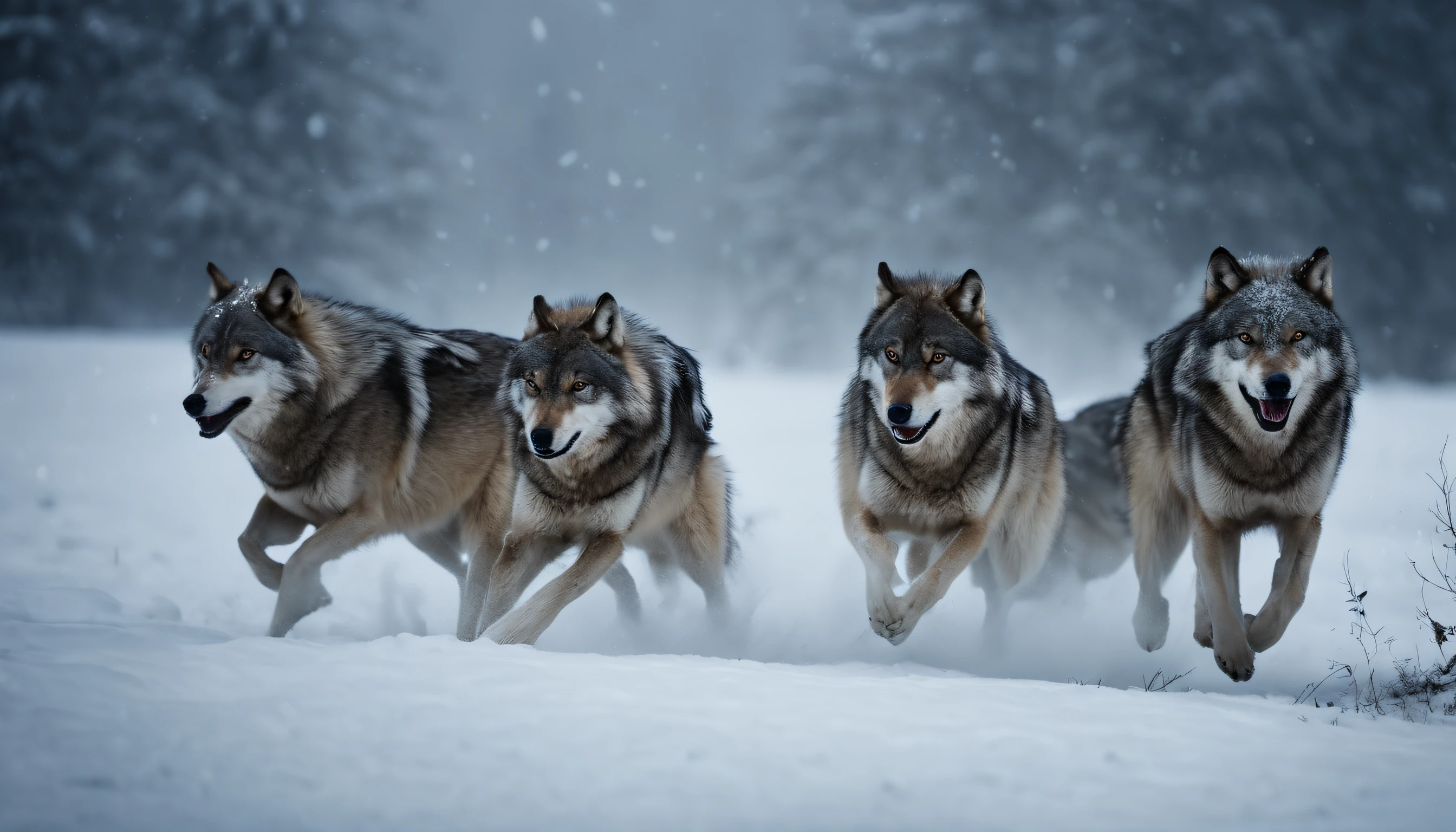 In a blizzard、A pack of gray wolves running through a snowy field、Feeling of sprinting、Snow smoke、Moonlit Night、best composition、masutepiece、Photorealsitic、A hyper-realistic