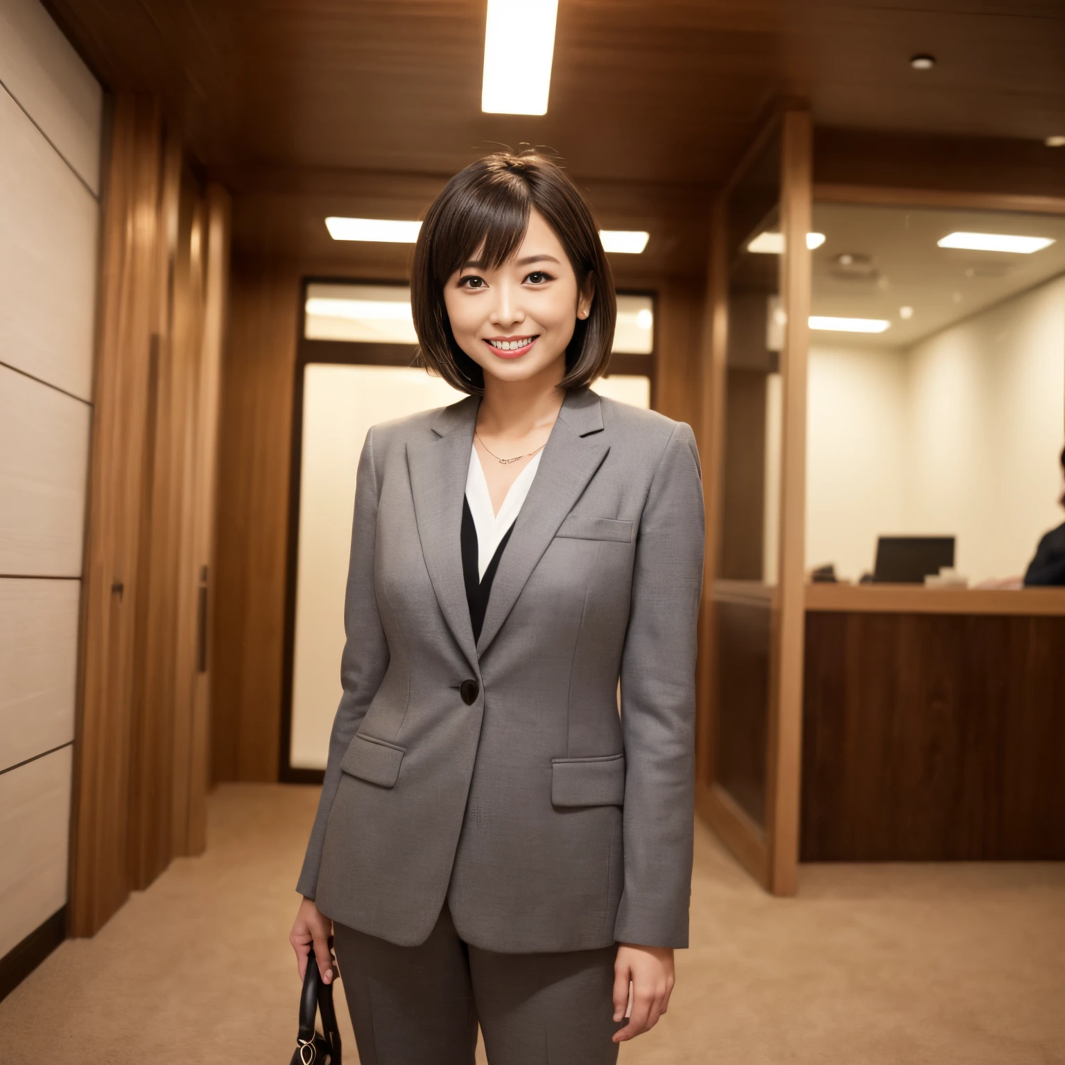 ((top-quality、masutepiece、8K、Top image quality))、1 female lawyer、she is standing at the entrance、Graceful standing、(short-hair、straight haired)、((Gray suit、White blouses))、In the background, A person standing at the entrance of a high-class law firm..、Take a photo from the waist up、Upper body photo、perfect law firm entrance、Entrance based on elegant wood tones、(The floor is a luxurious carpet、Accent a brick wall)、Japanese style and luxurious、chic and modern space、(clear glass door、Clean and refreshing atmosphere)、very bright classy lighting、perfect anatomia、He looked at me with a big smile on his face.