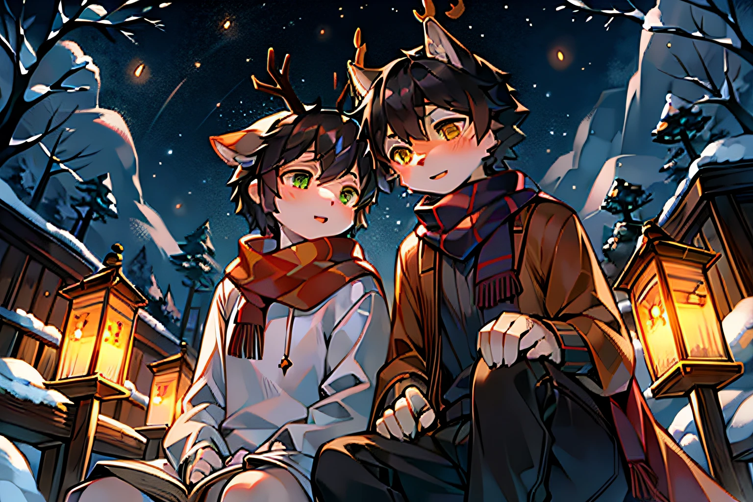 Wearing a white robe、White deer with green eyes and antlers，black hair color hair、Orange-eyed wolf wearing orange shirt，in the snow，starrysky，moon full，stars shining bright，falling flower petals，Peach blossom tree，shota，lovely boy，two guys，peaceful night，Clear face，sitting under a tree，lanterns，ornate backdrop，having fun，gentleness，Make a snowman together，Wear a scarf，wear a sweater，lantern in hand，nerds