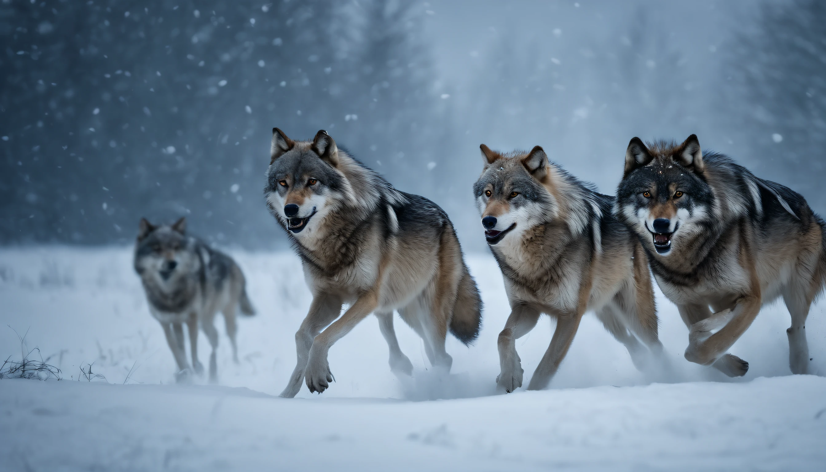 In a blizzard、A pack of gray wolves running through a snowy field、Feeling of sprinting、Snow smoke、Moonlit Night、best composition、masutepiece、Photorealsitic、A hyper-realistic