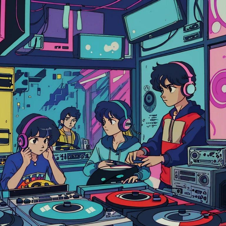 Photo of three different boys mixing music with headphones..., Super detail, onda retro, cyberpunk, Party atmosphere Night light through the window, vinilo, una vista lateral, discoteca llena de gente, 2d, (Longshot), tiro ancho, (film noise), Dibujos animados antiguos, (lots of records:1.3), Tienda de discos de vinilo, (obra maestra, highest qualityr, highest qualityr, arte oficial, beautiful and aesthetic: 1.2), (muy detallado, ( Hip-hop lo-fi), perfil, Textura de anime antigua, , altavoz, cyberpunk, vinilo