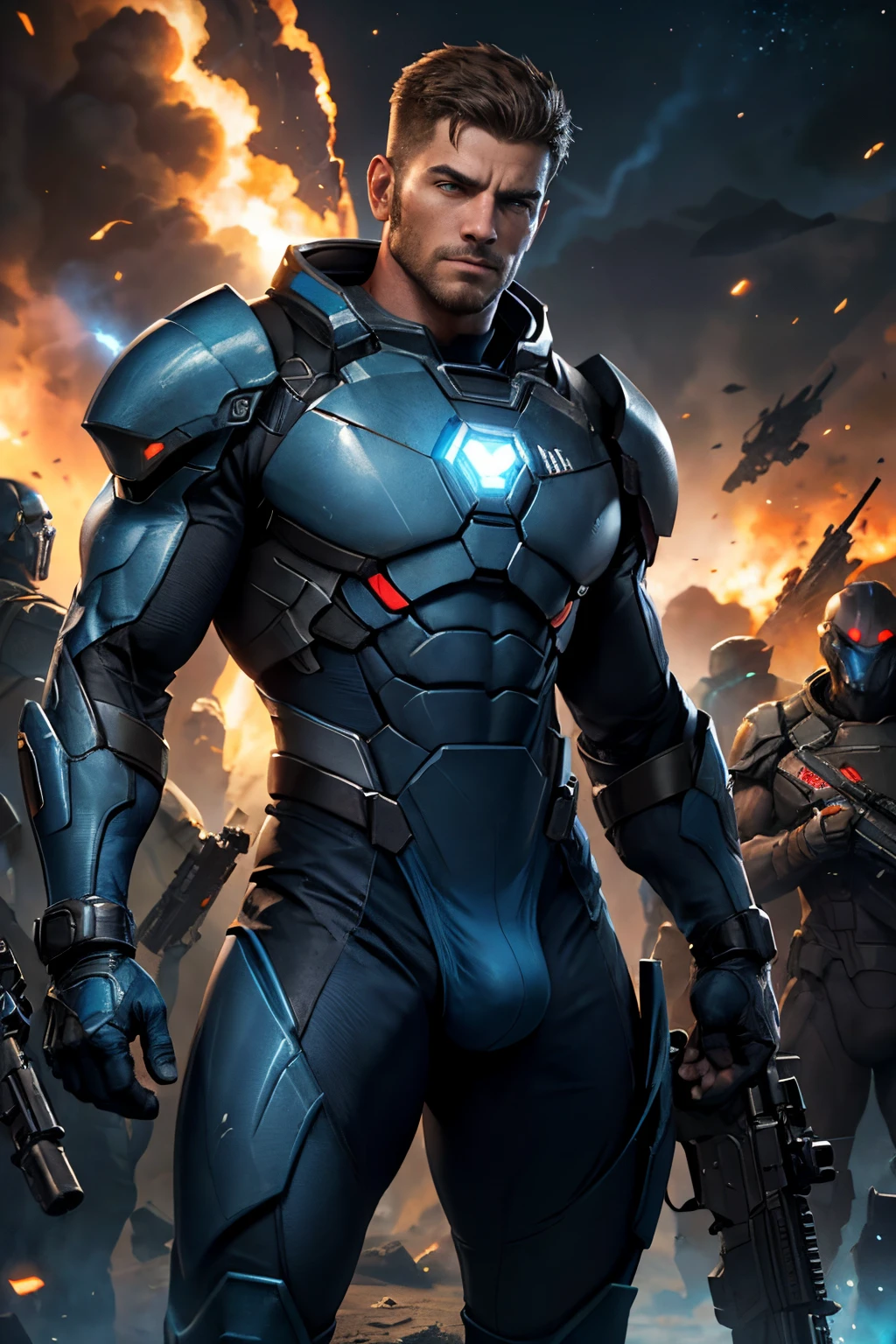 "A handsome muscular man with a toned physique stands confidently in his Mass Effect style armor. The armor bathed in the (blue energy radiating from his body:1.3). He carries a powerful rifle in his hands and has a holstered handgun on his leg for quick access. The battlefield behind him is chaotic, with explosions and debris scattered around. His large pecs and biceps are prominently visible, showcasing his strength, his massive bulge showcasing his manhood, He stands tall, exuding a sense of power and determination. Multiple Ominous creatures lurk in the background, adding an element of danger and suspense to the scene."