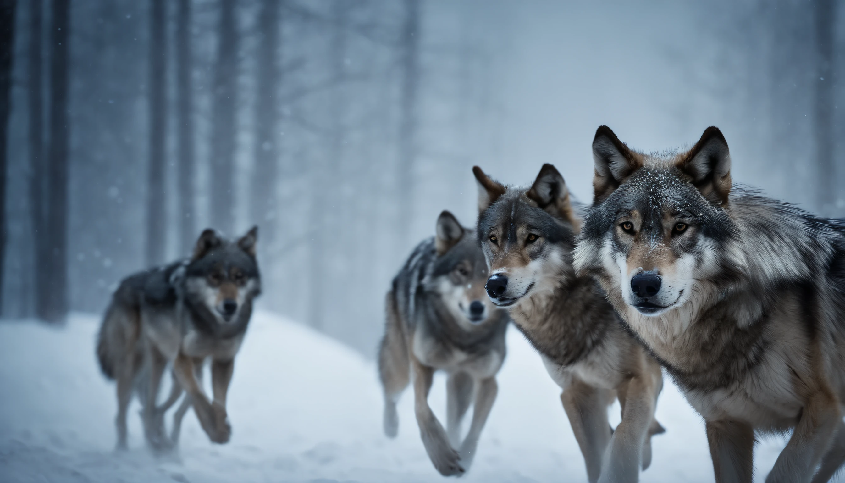 In a blizzard、A pack of gray wolves running through a snowy field、Feeling of sprinting、Snow smoke、Moonlit Night、best composition、masutepiece、Photorealsitic、A hyper-realistic